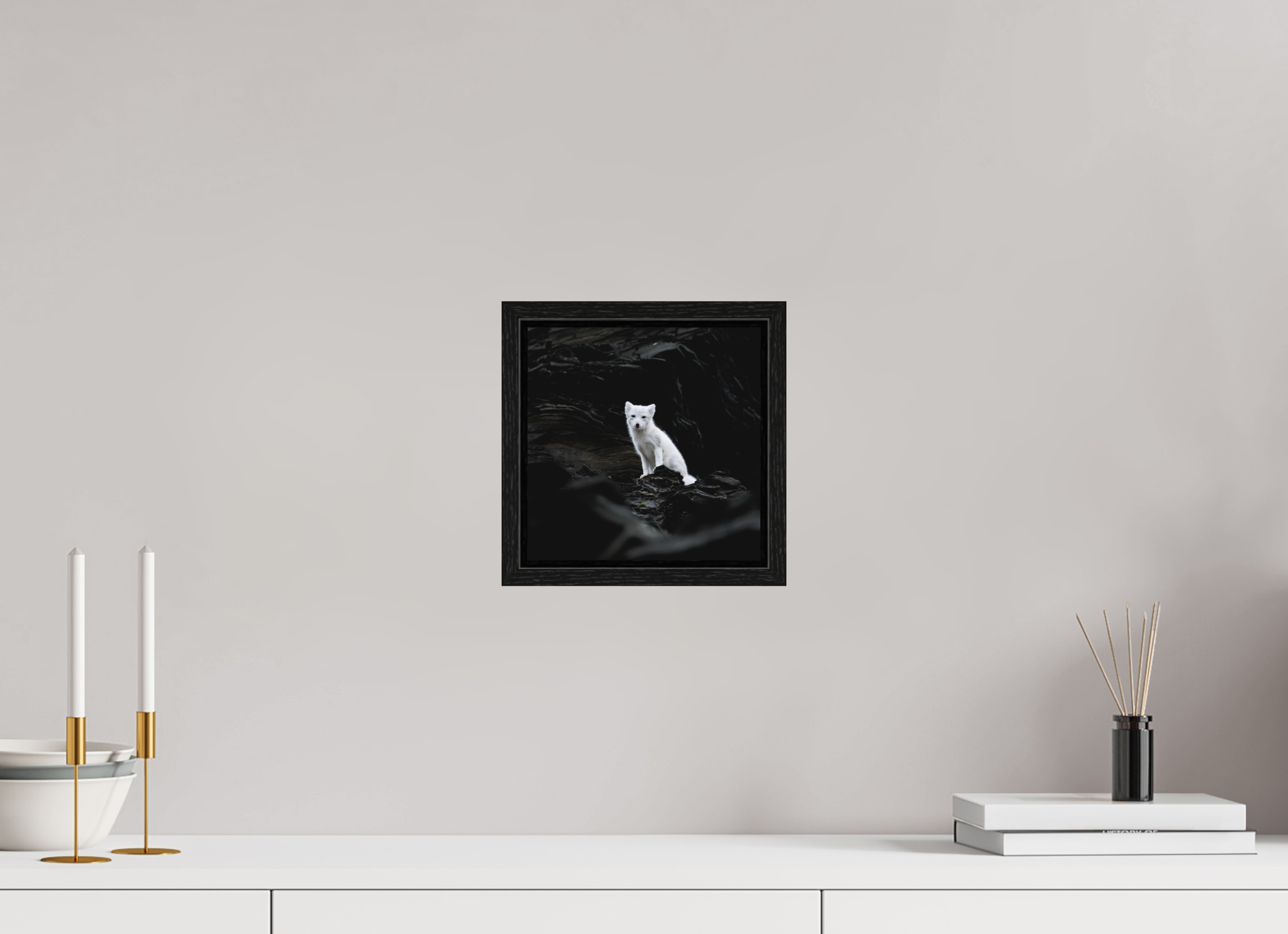 20 x 20 cm, Floater Frame Black Oak Matte Acrylic Glass Arctic Fox Angel - Floater Frame Matte