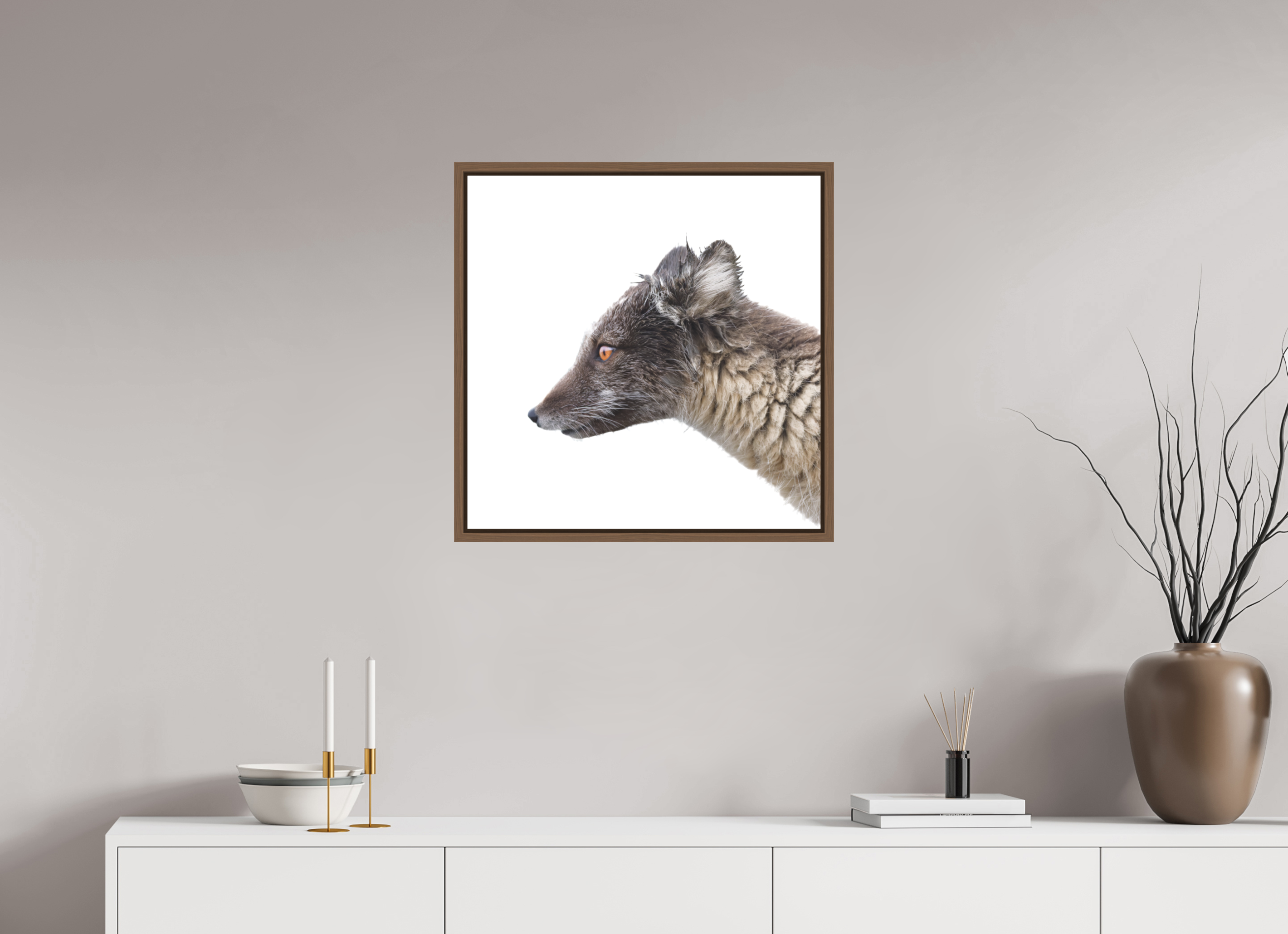 60 x 60 cm, Floater Frame Walnut Matte Acrylic Glass Arctic Fox Brown - Floater Frame Matte