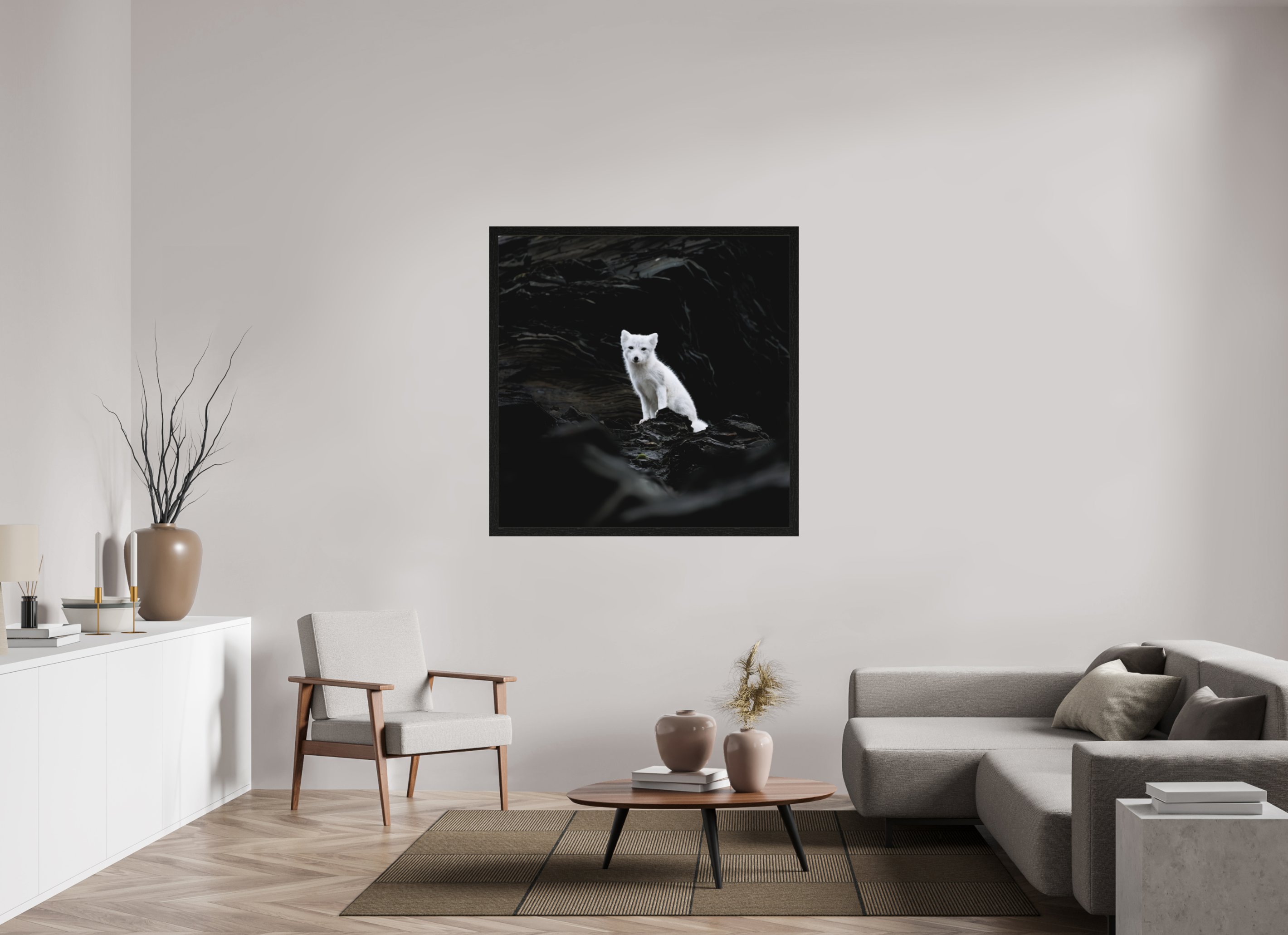120 x 120 cm, Gallery Frame Hamburg 40mm Black Oak Matte Acrylic Arctic Fox Angel- In Solid 40 mm Wood Frame Hamburg Matte