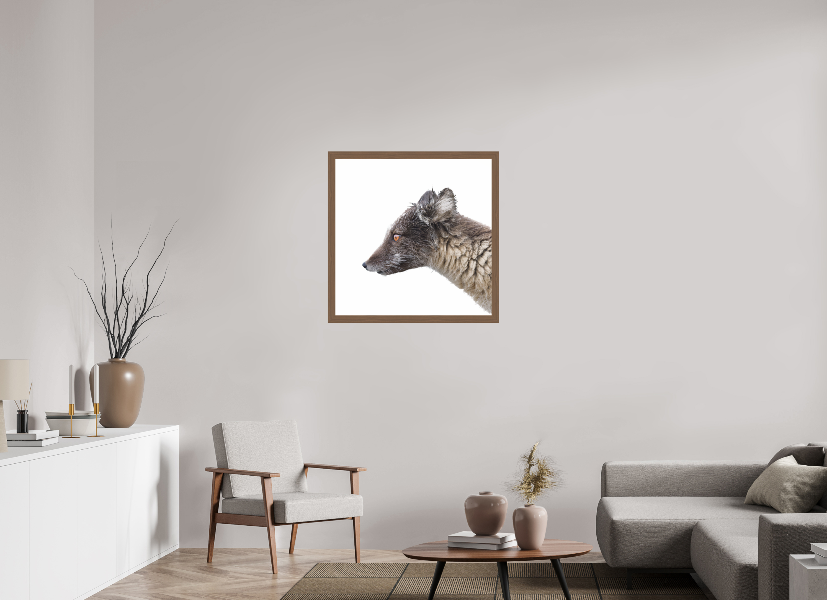 80 x 80 cm, Gallery Frame Hamburg 40mm Walnut Glossy Acrylic Arctic Fox Angel - In Solid 40 mm Wood Frame Hamburg Glossy