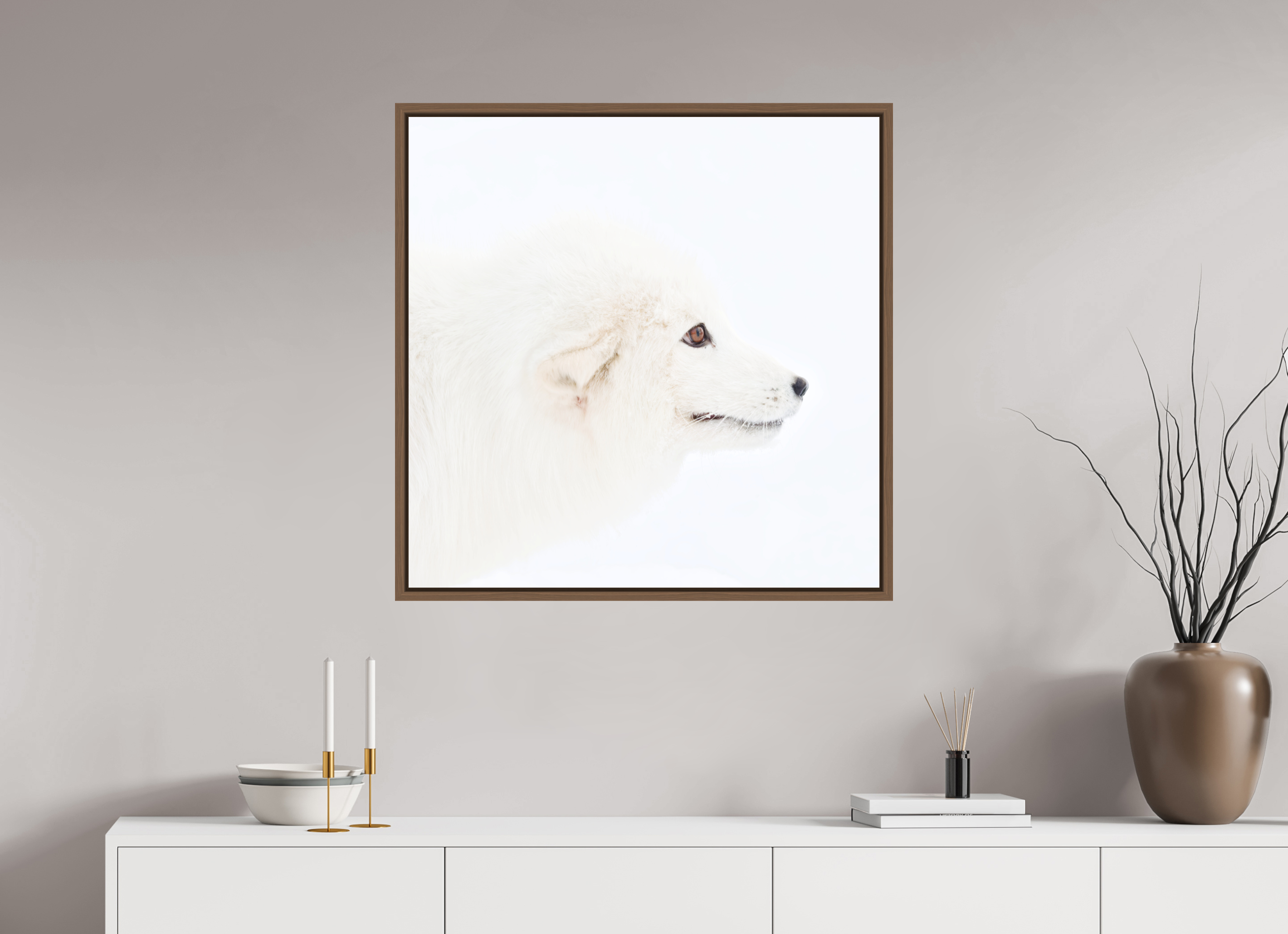 80 x 80 cm, Floater Frame Walnut Matte Acrylic Glass Arctic Fox Head - Floater Frame