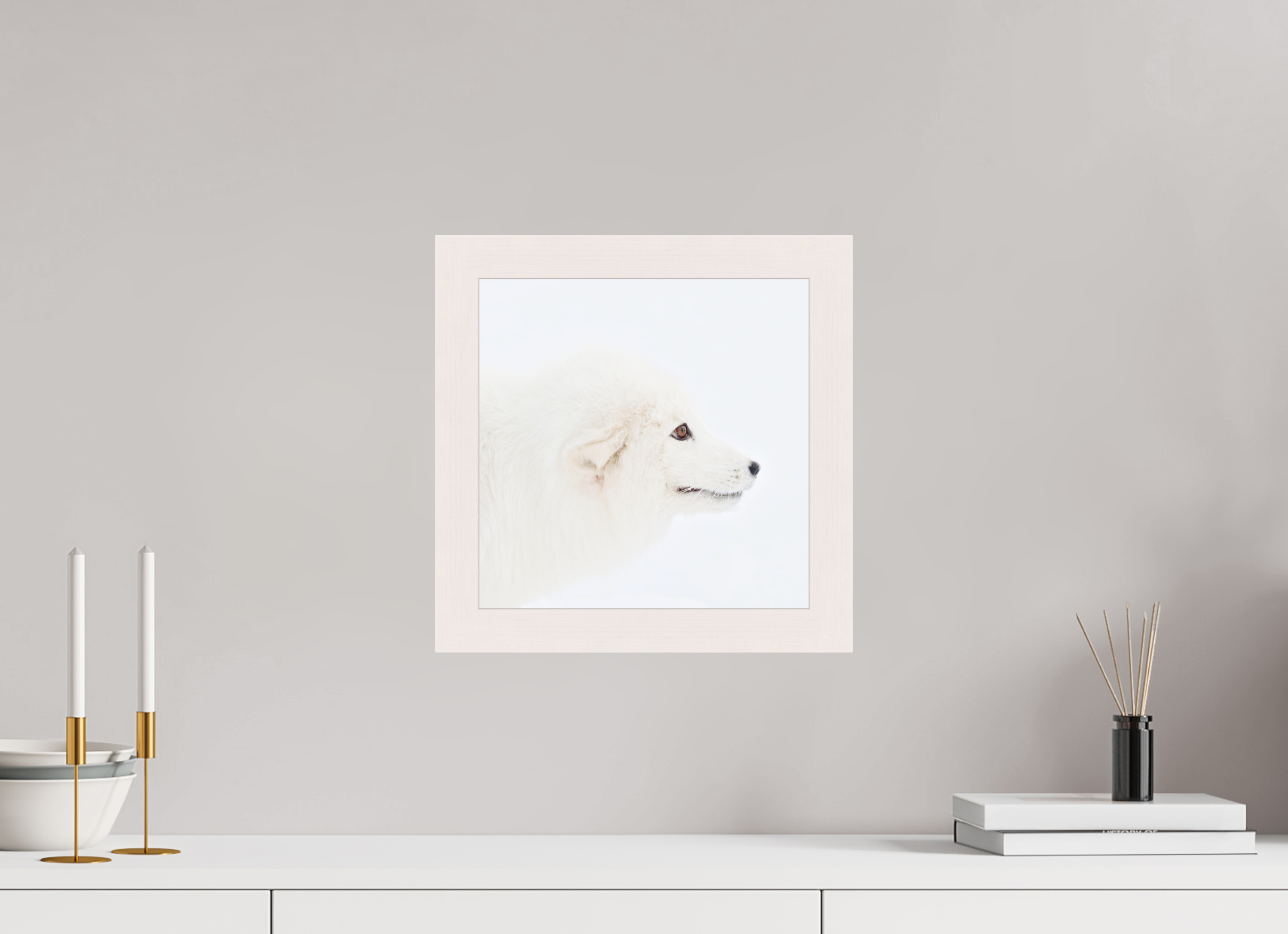 30 x 30 cm, Gallery Frame Hamburg 40mm White Glossy Acrylic Glass Arctic Fox Head - In Solid Wood Frame Hamburg 40 mm