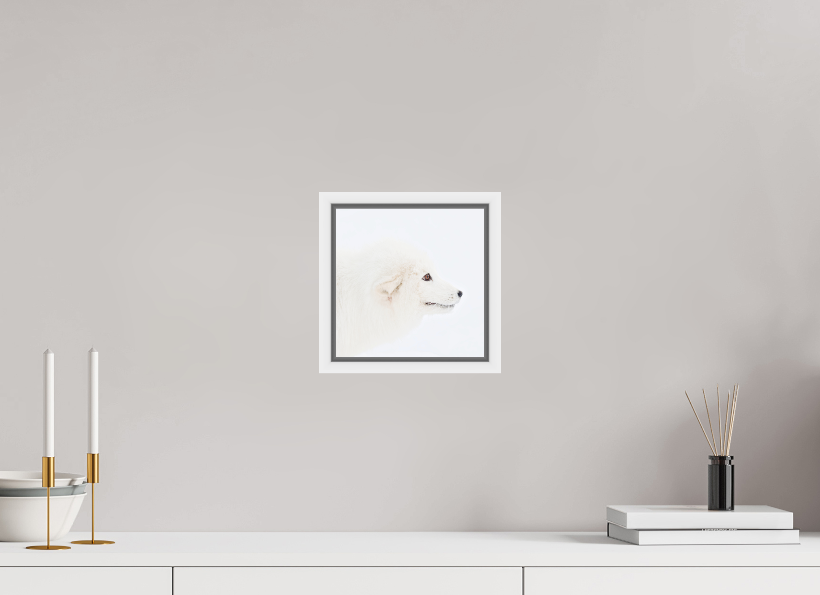 20 x 20 cm, Floater Frame White Glossy Acrylic Glass Arctic Fox Head - Floater Frame