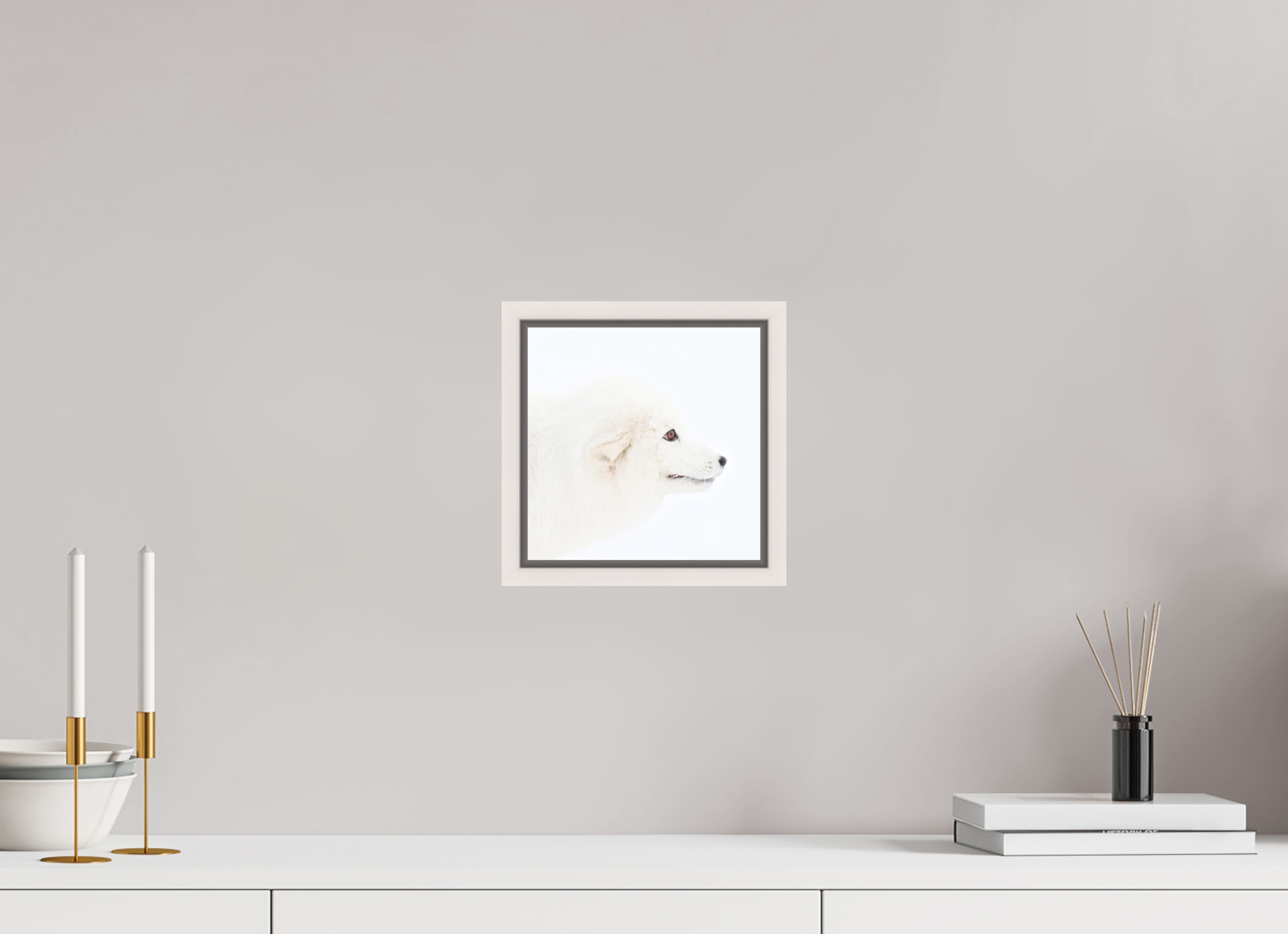 20 x 20 cm, Floater Frame Maple White Matte Acrylic Glass Arctic Fox Head - Floater Frame