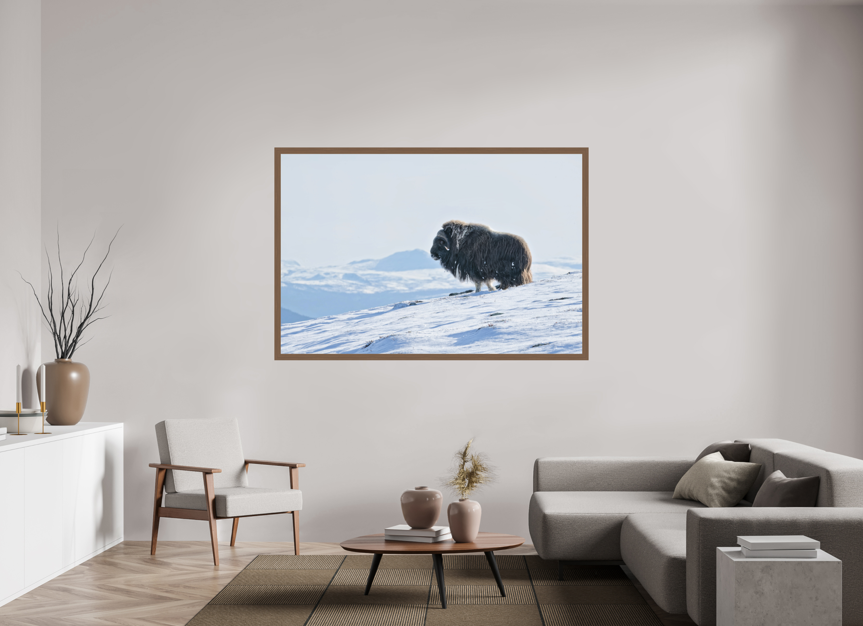180 x 120 cm, Gallery Frame Hamburg 40mm Walnut Matte Acrylic Glass The Musk Ox Kingdom - In Solid 40 mm Wood Frame Hamburg Glossy Acrylic