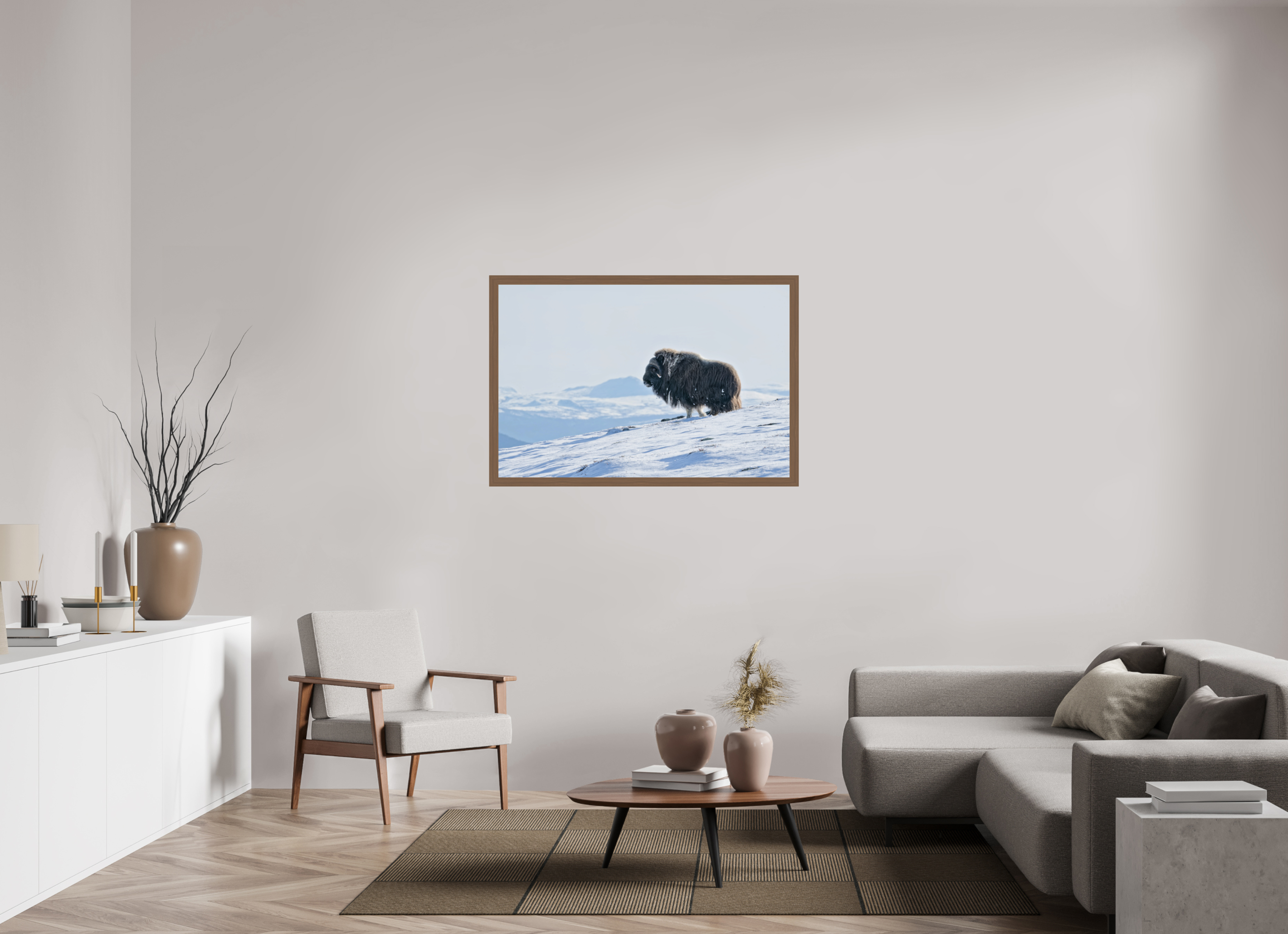 120 x 80 cm, Gallery Frame Hamburg 40mm Walnut Glossy Acrylic Glass The Musk Ox Kingdom -  In Solid 40 mm Wood Frame Hamburg  Glossy Acrylic