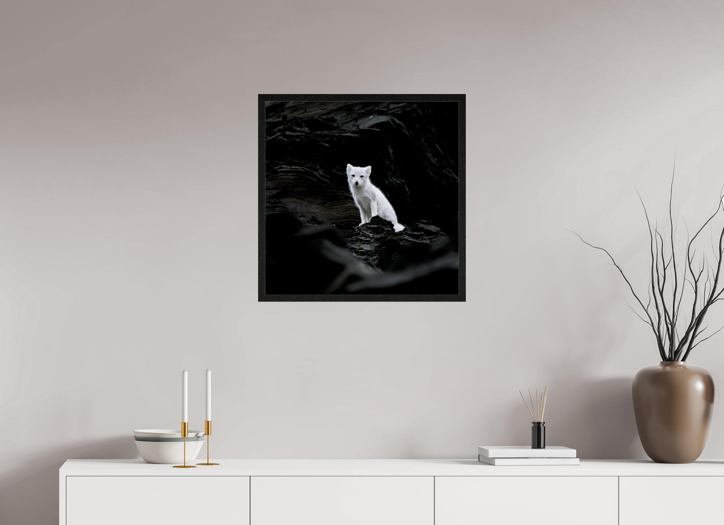60 x 60 cm, Gallery Frame Hamburg 20mm Black Oak Glossy Acrylic Arctic Fox Angel - In Solid 20 mm Wood Frame Hamburg Glossy