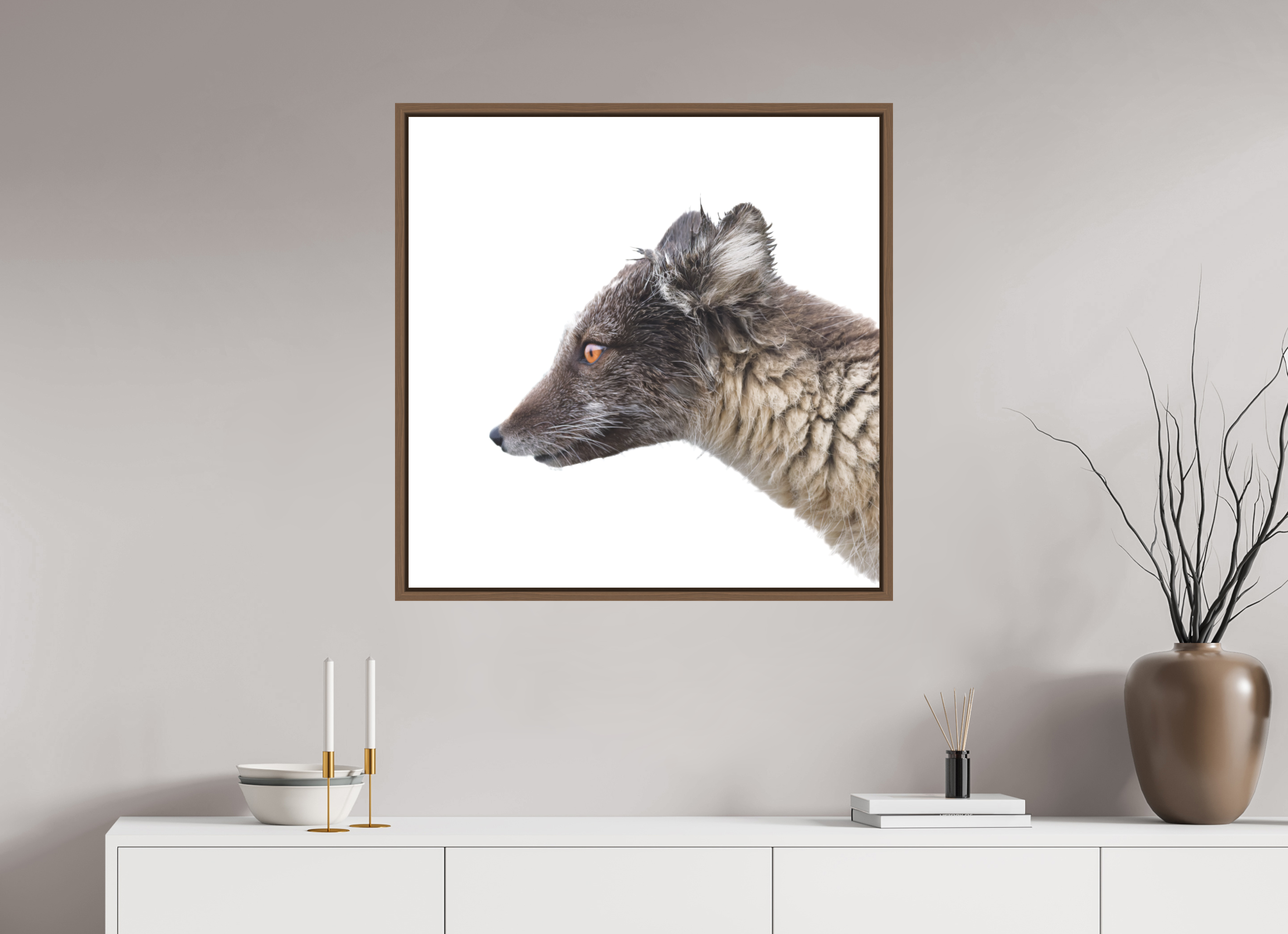80 x 80 cm, Floater Frame Walnut Matte Acrylic Glass Arctic Fox Brown - Floater Frame Matte