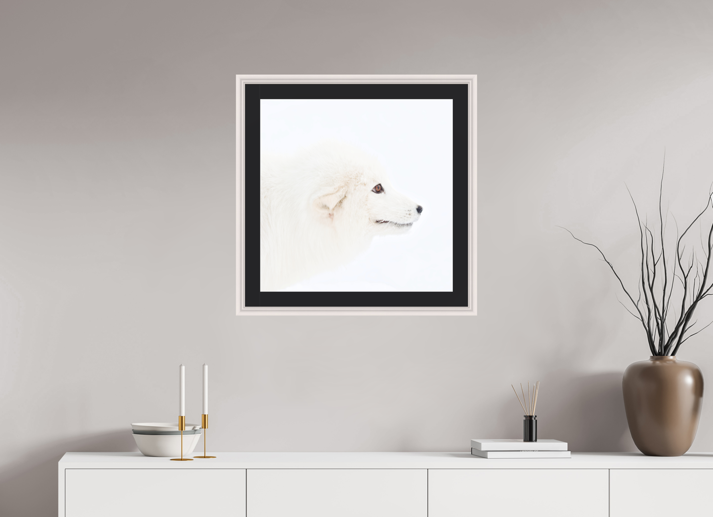 60 x 60 cm, Solid Wood Frame Vienna Passe-partout Maple White Arctic Fox Head - Solid Frame With Passe-Partout