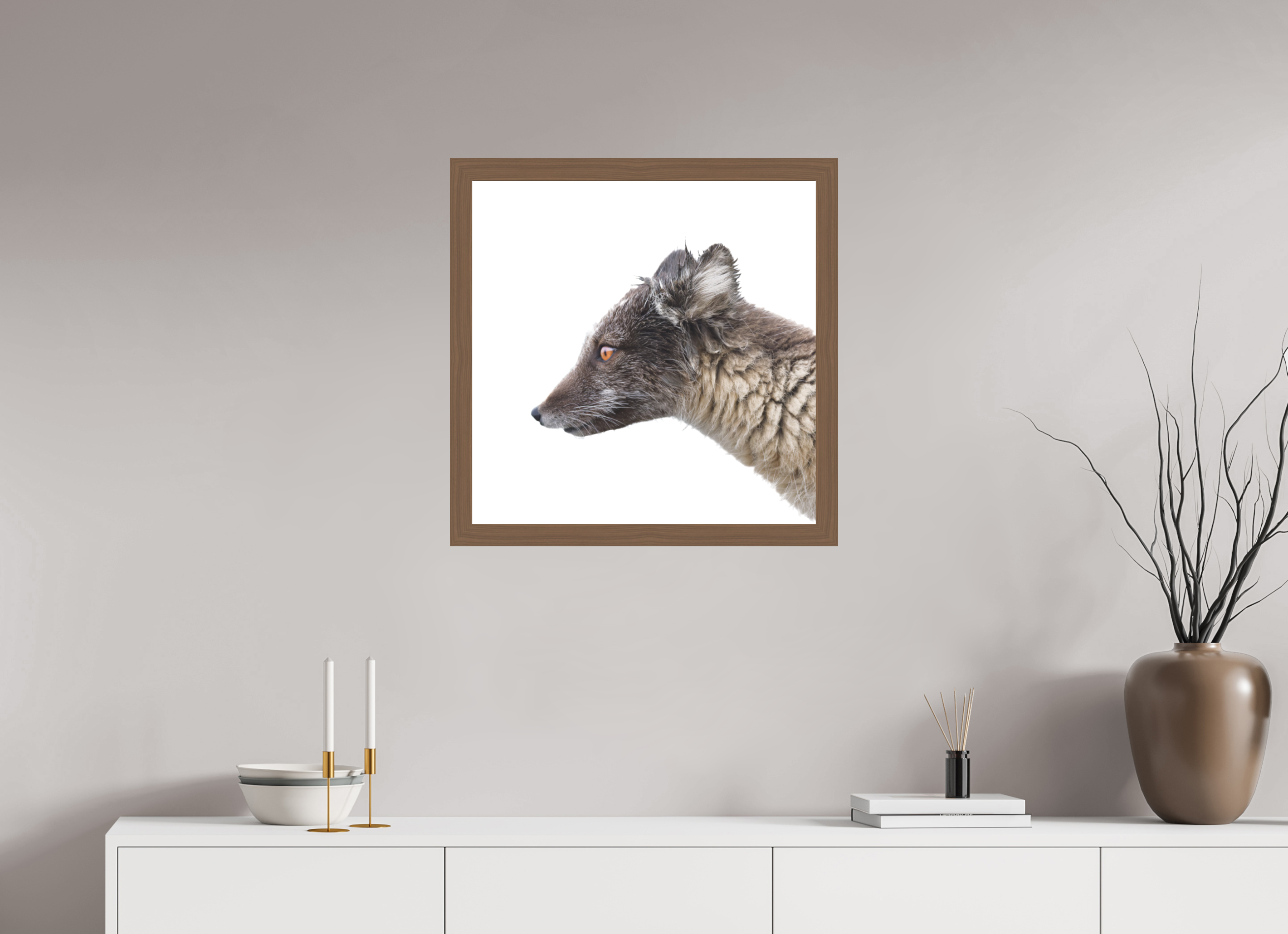 60 x 60 cm, Gallery Frame Hamburg 40mm Walnut Matte Acrylic Arctic Fox Brown - In Solid 40 mm Wood Frame Hamburg Matte