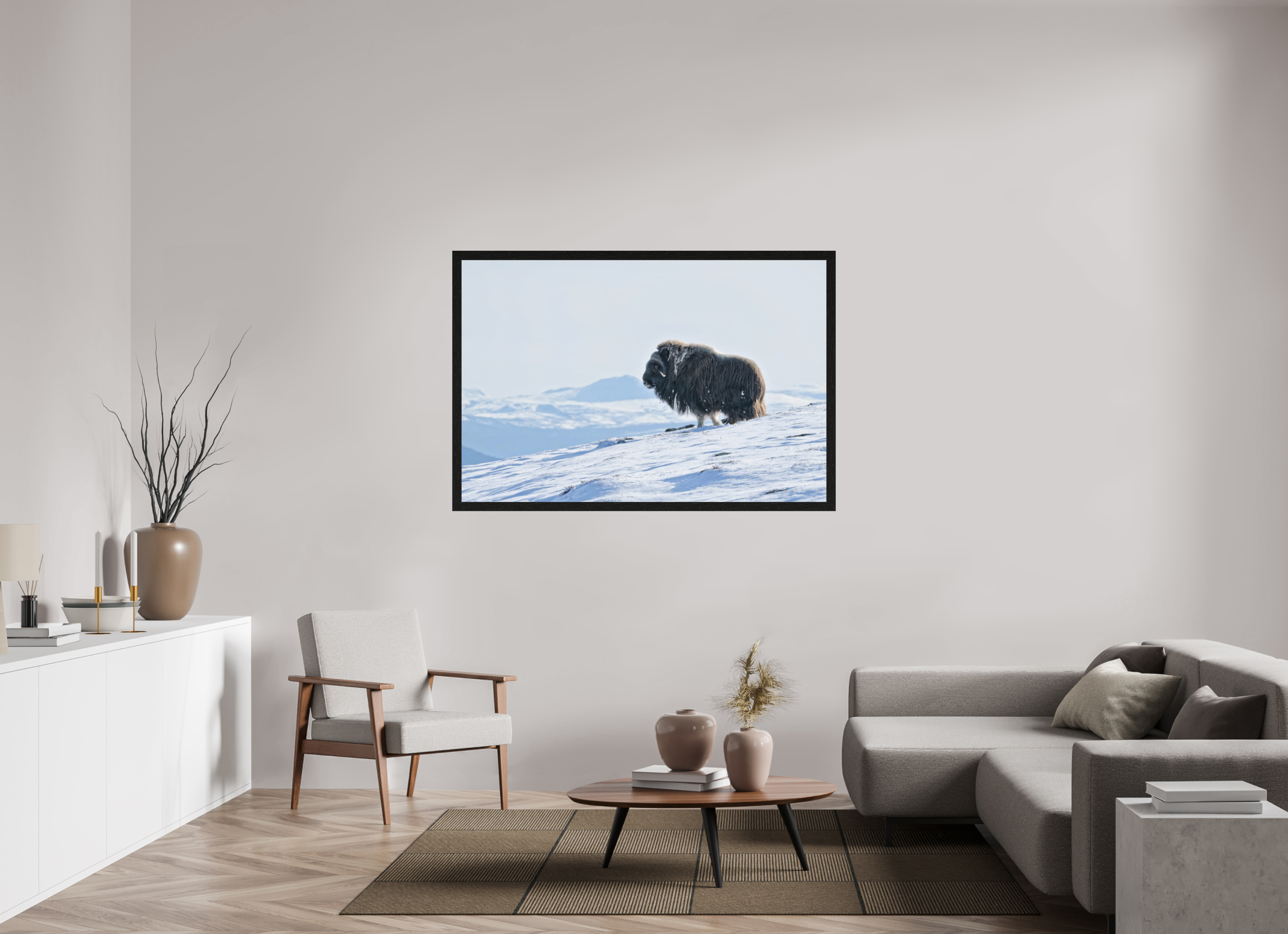 150 x 100 cm, Gallery Frame Hamburg 40mm Black Oak Matte Acrylic The Musk Ox Kingdom - In Solid 40 mm Wood Frame Hamburg Glossy Acrylic