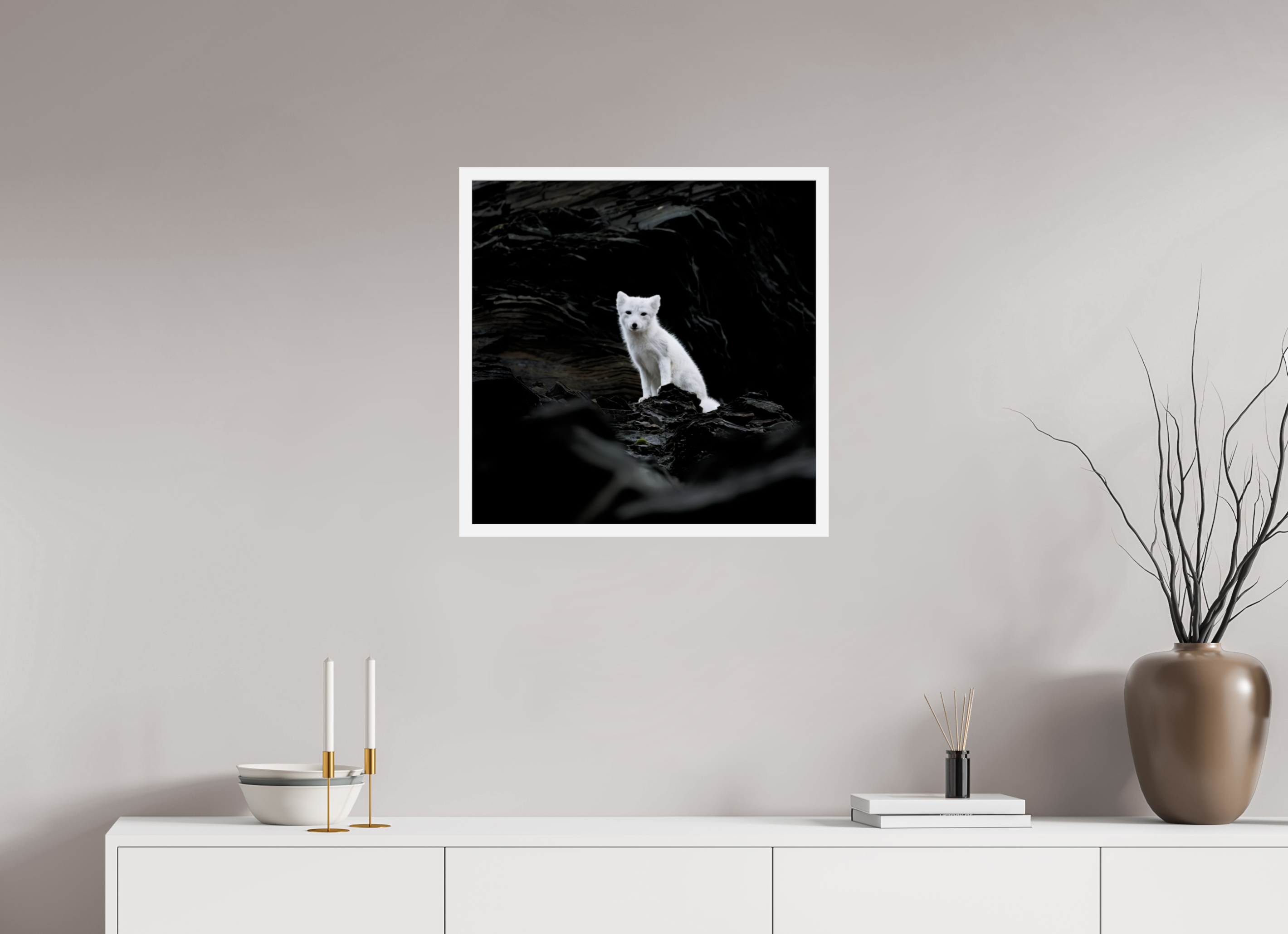 60 x 60 cm, Gallery Frame Hamburg 20mm White Glossy Acrylic Arctic Fox Angel - In Solid 20 mm Wood Frame Hamburg Glossy