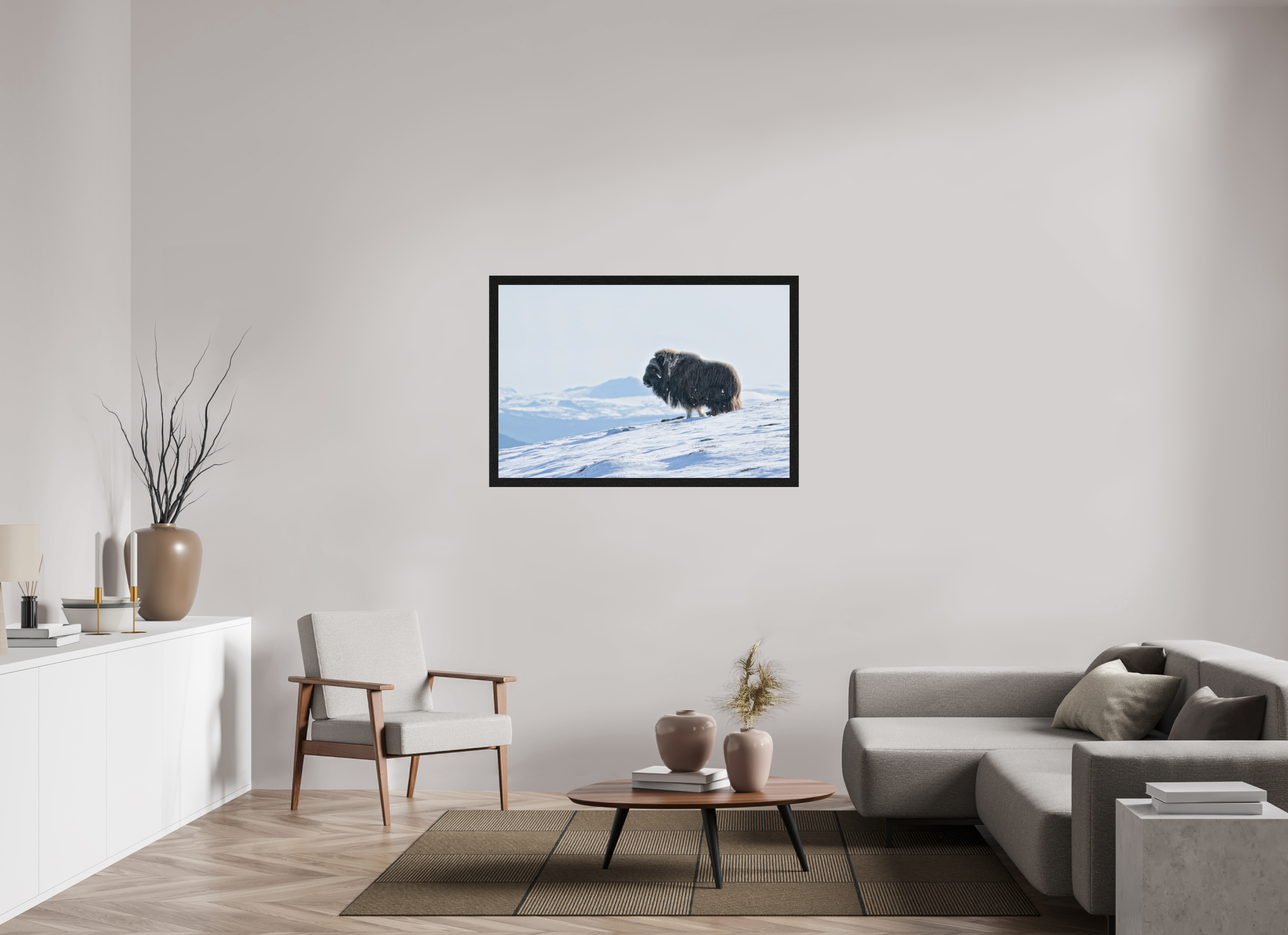 120 x 80 cm, Gallery Frame Hamburg 40mm Black Oak Matte Acrylic The Musk Ox Kingdom - In Solid 40 mm Wood Frame Hamburg Glossy Acrylic