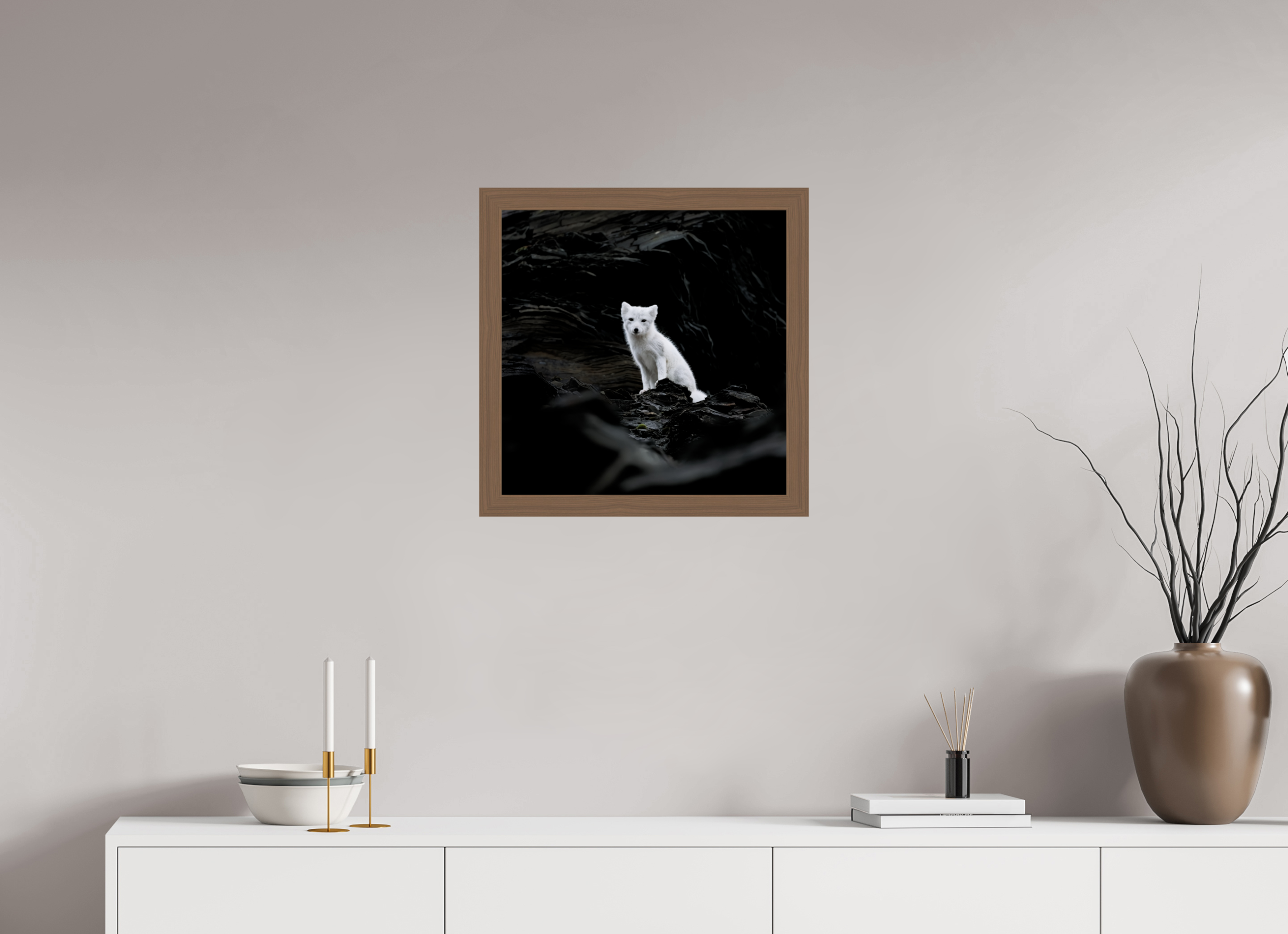 50 x 50 cm, Gallery Frame Hamburg 40mm Walnut Glossy Acrylic Arctic Fox Angel - In Solid 40 mm Wood Frame Hamburg Glossy