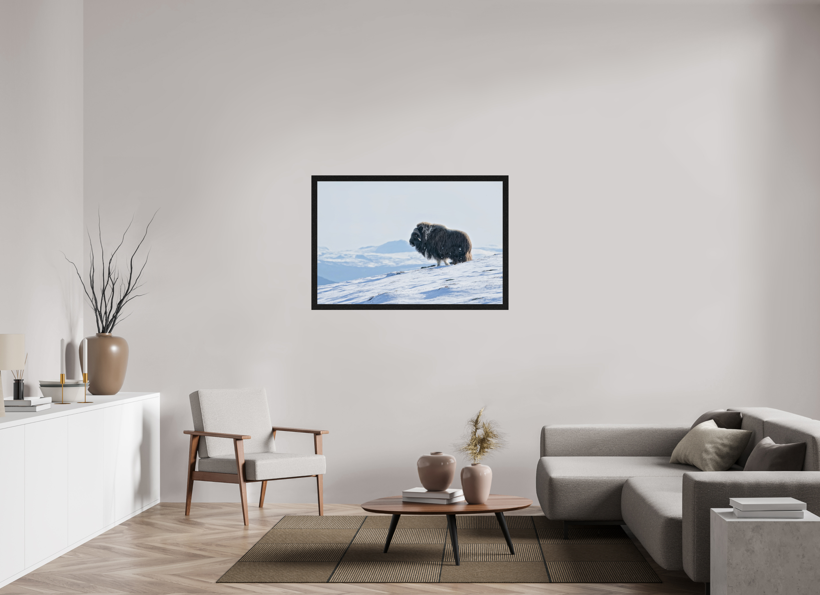 120 x 80 cm, Gallery Frame Hamburg 40mm Black Oak Glossy Acrylic Glass The Musk Ox Kingdom -  In Solid 40 mm Wood Frame Hamburg  Glossy Acrylic