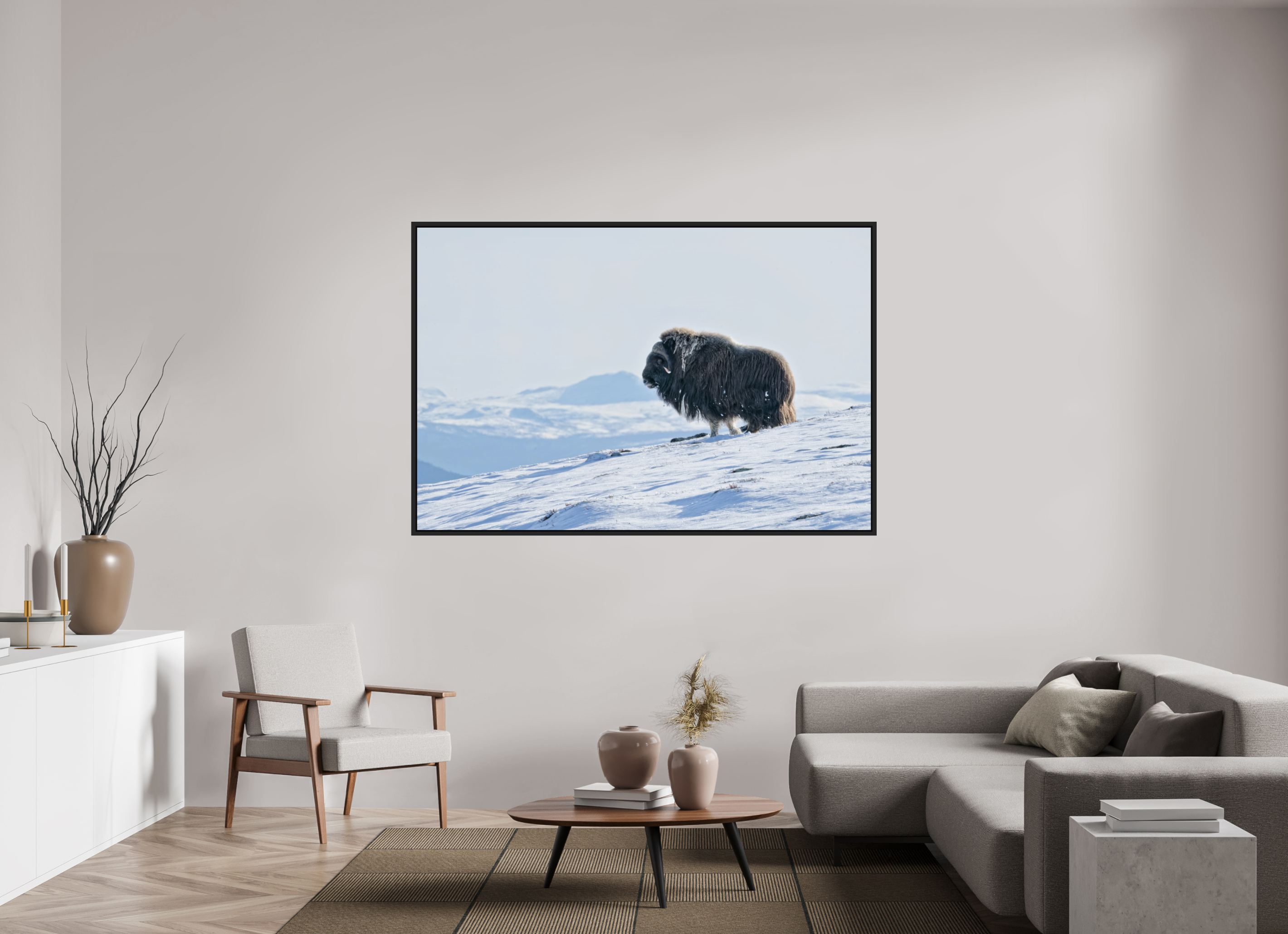 180 x 120 cm, Floater Frame Matte Black Glossy Acrylic Glass The Musk Ox Kingdom - Floater Frame Glossy