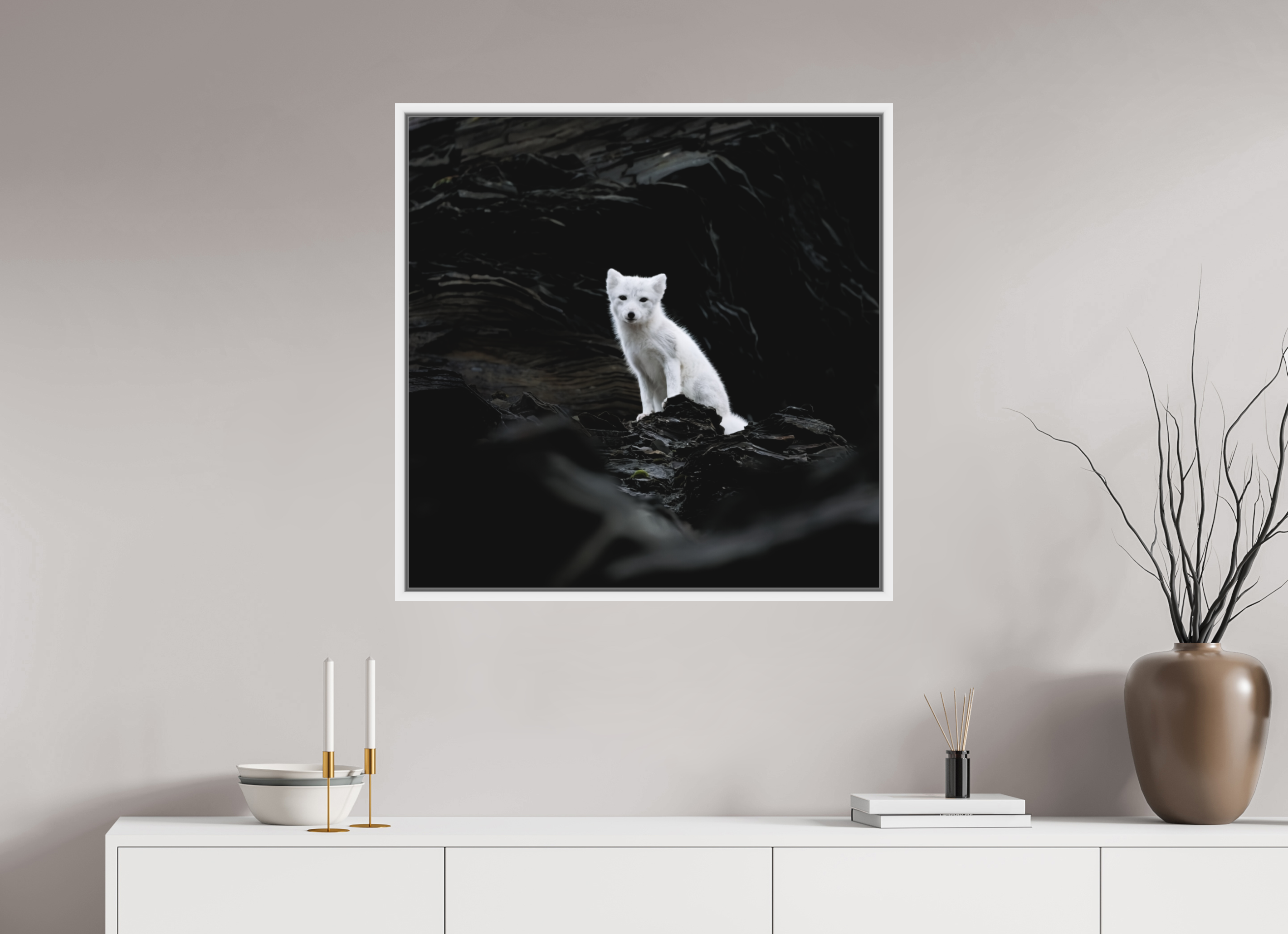 80 x 80 cm, Floater Frame White Matte Acrylic Glass Arctic Fox Angel - Floater Frame Matte