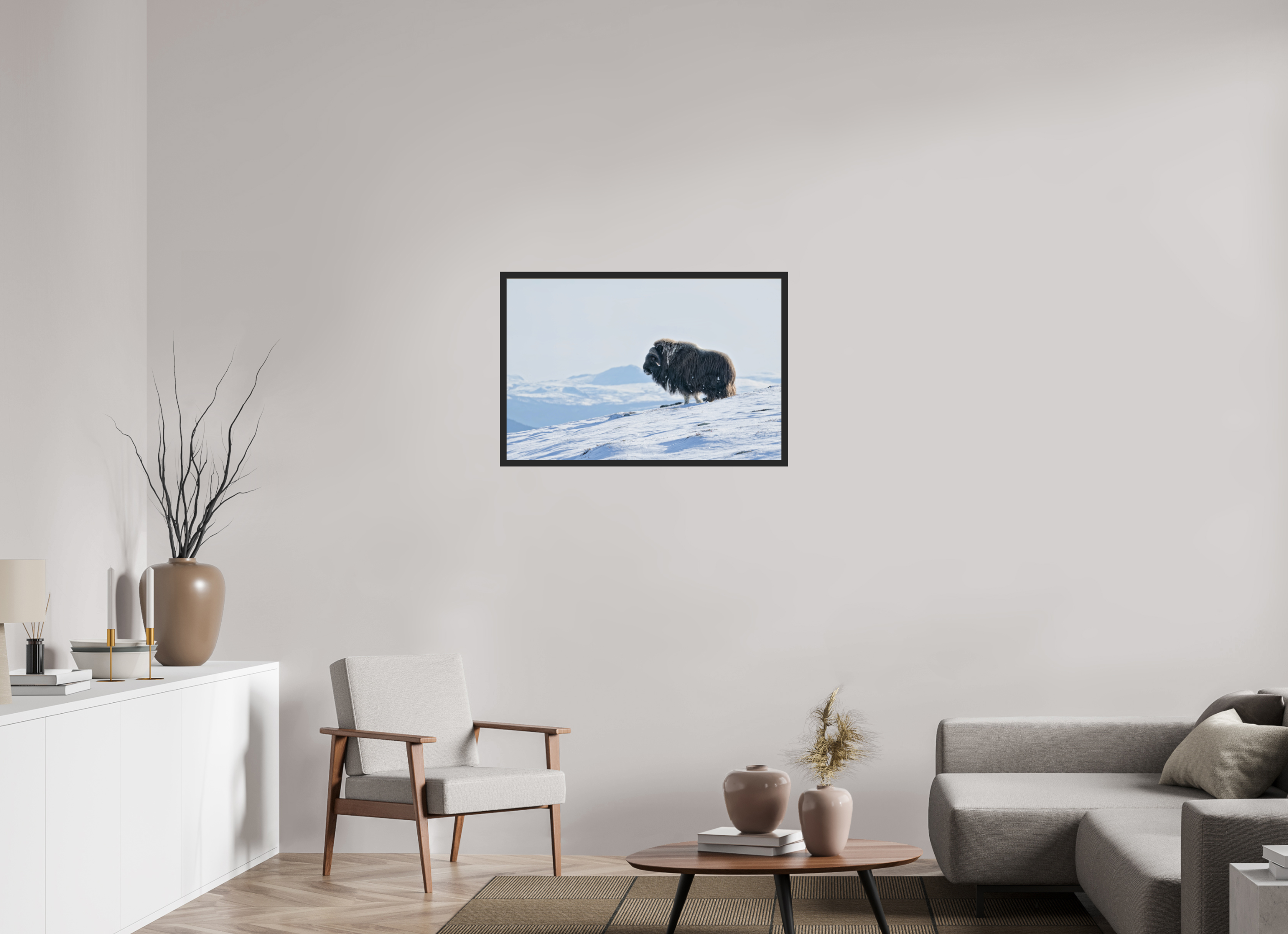 90 x 60 cm, Gallery Frame Hamburg Matte Black Glossy Acrylic The Musk Ox Kingdom - In Solid 20 mm Wood Frame Hamburg Glossy