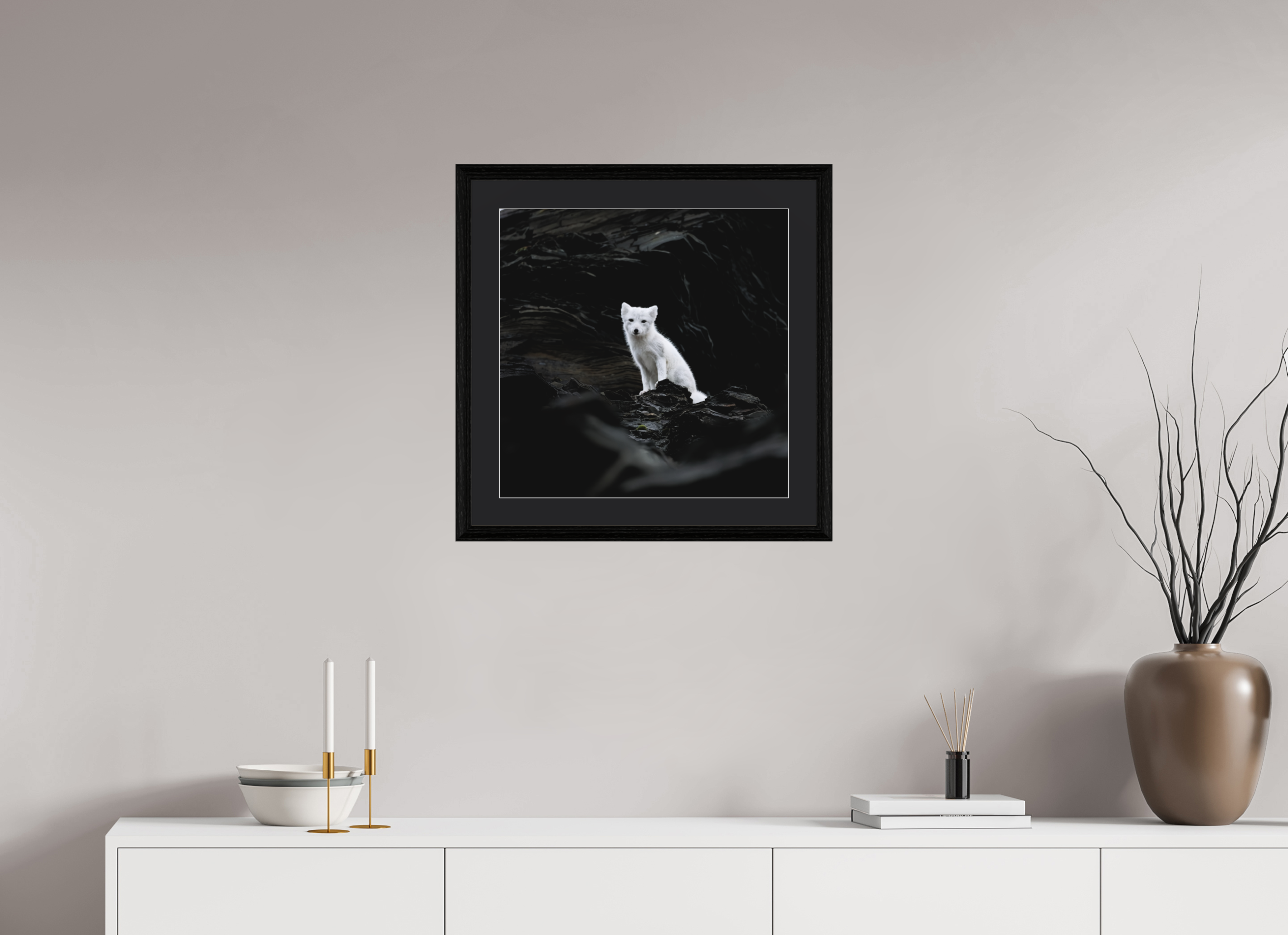 50 x 50 cm, Solid Wood Frame Vienna Passe-partout Black Oak Arctiv Fox Angel -Solid Frame With Passe-Partout