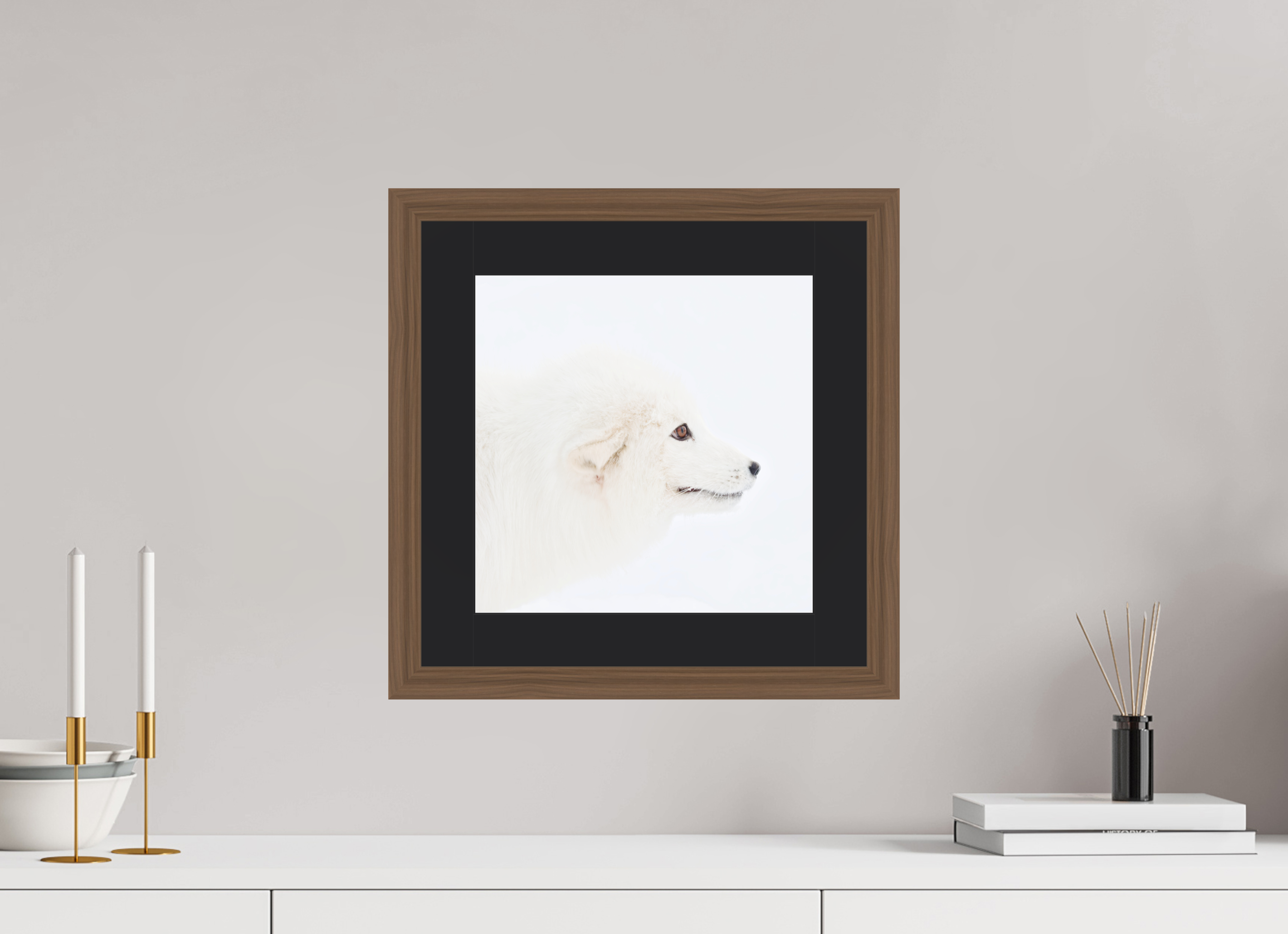 30 x 30 cm, Solid Wood Frame Vienna Passe-partout Walnut Arctic Fox Head - Solid Frame With Passe-Partout