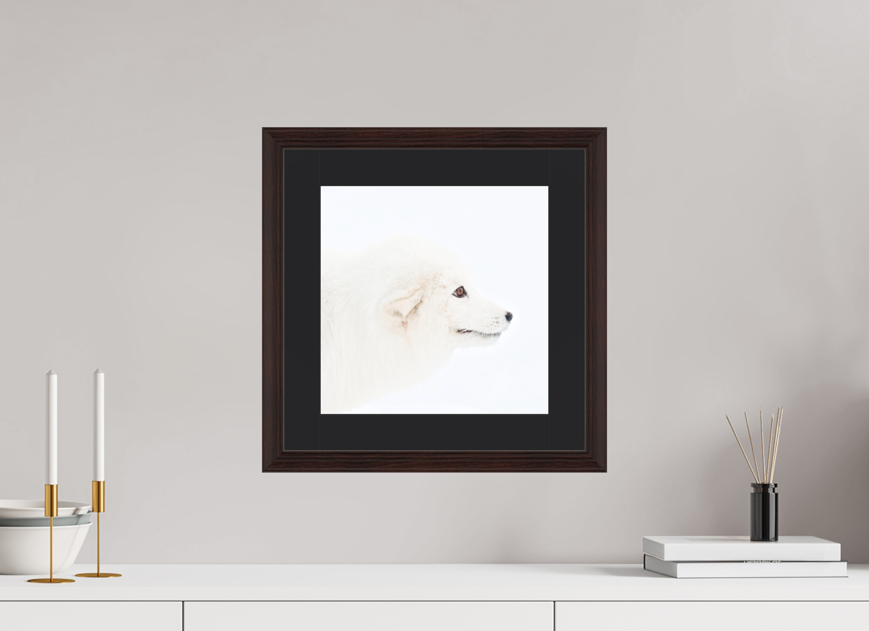 30 x 30 cm, Solid Wood Frame Vienna Passe-partout Alder Brown Arctic Fox Head - Solid Frame With Passe-Partout