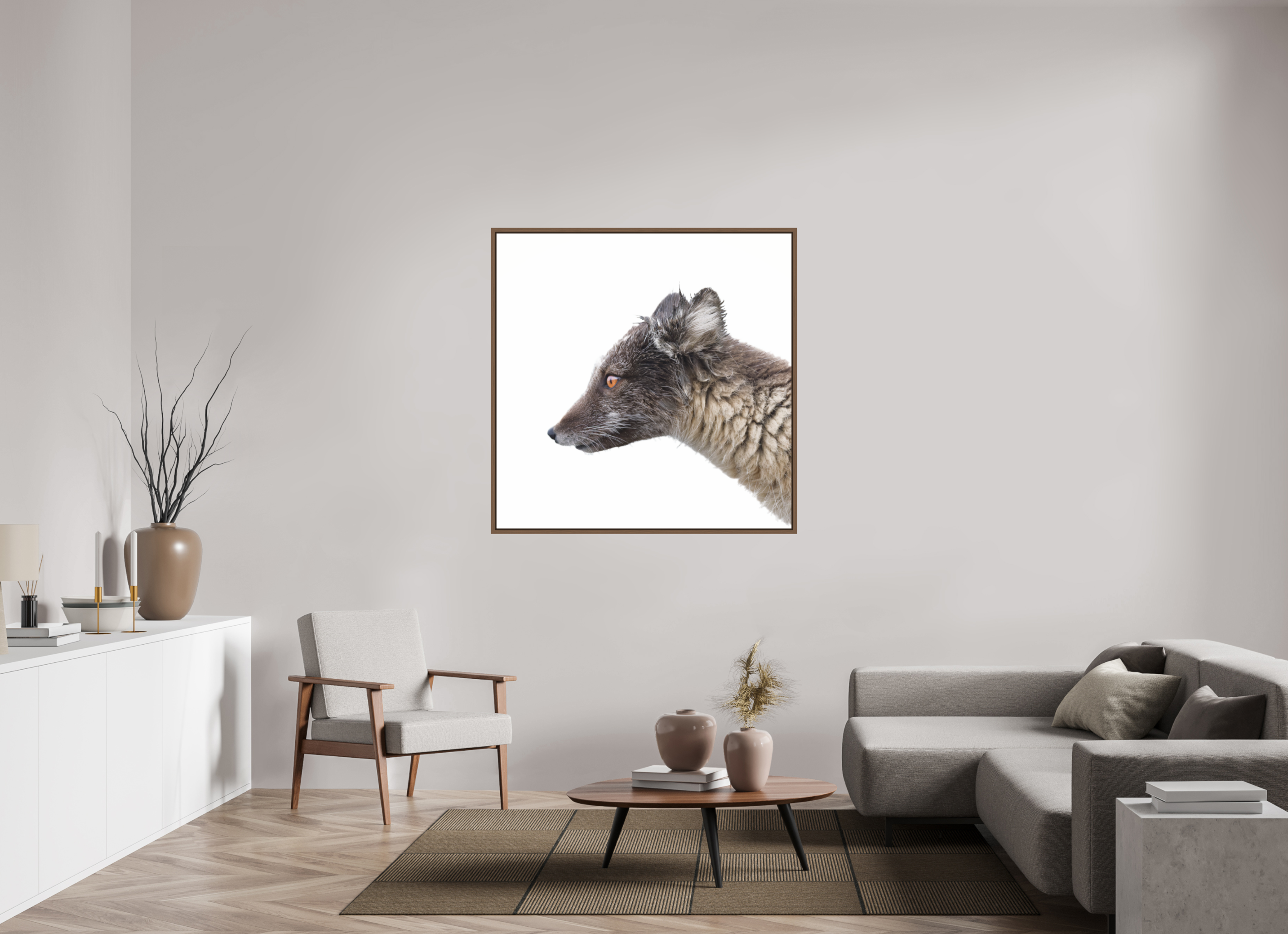 120 x 120 cm, Floater Frame Walnut Glossy Acrylic Glass Arctic Fox Brown - Floater Frame Glossy