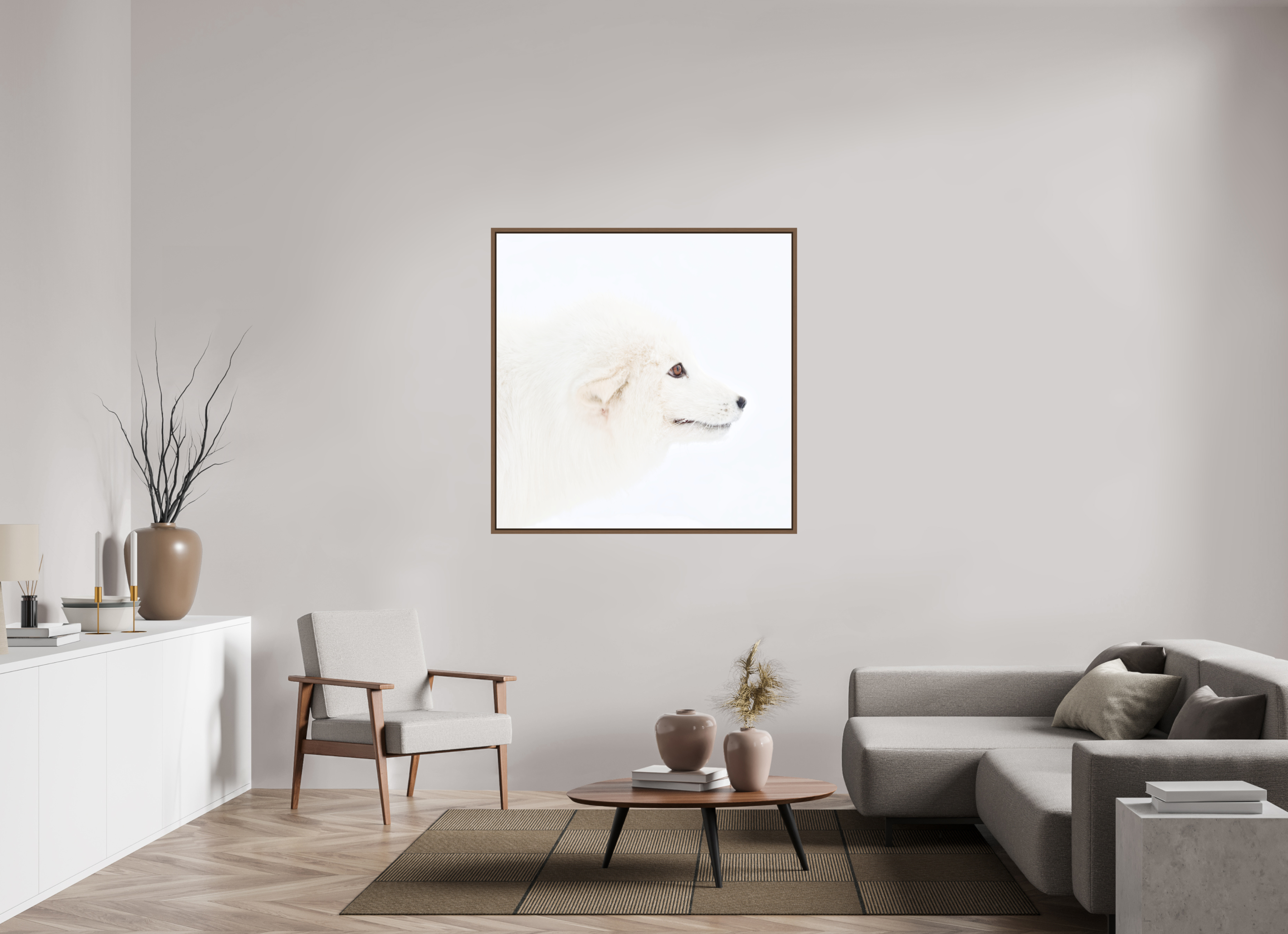 120 x 120 cm, Floater Frame Walnut Matte Acrylic Glass Arctic Fox Head - Floater Frame