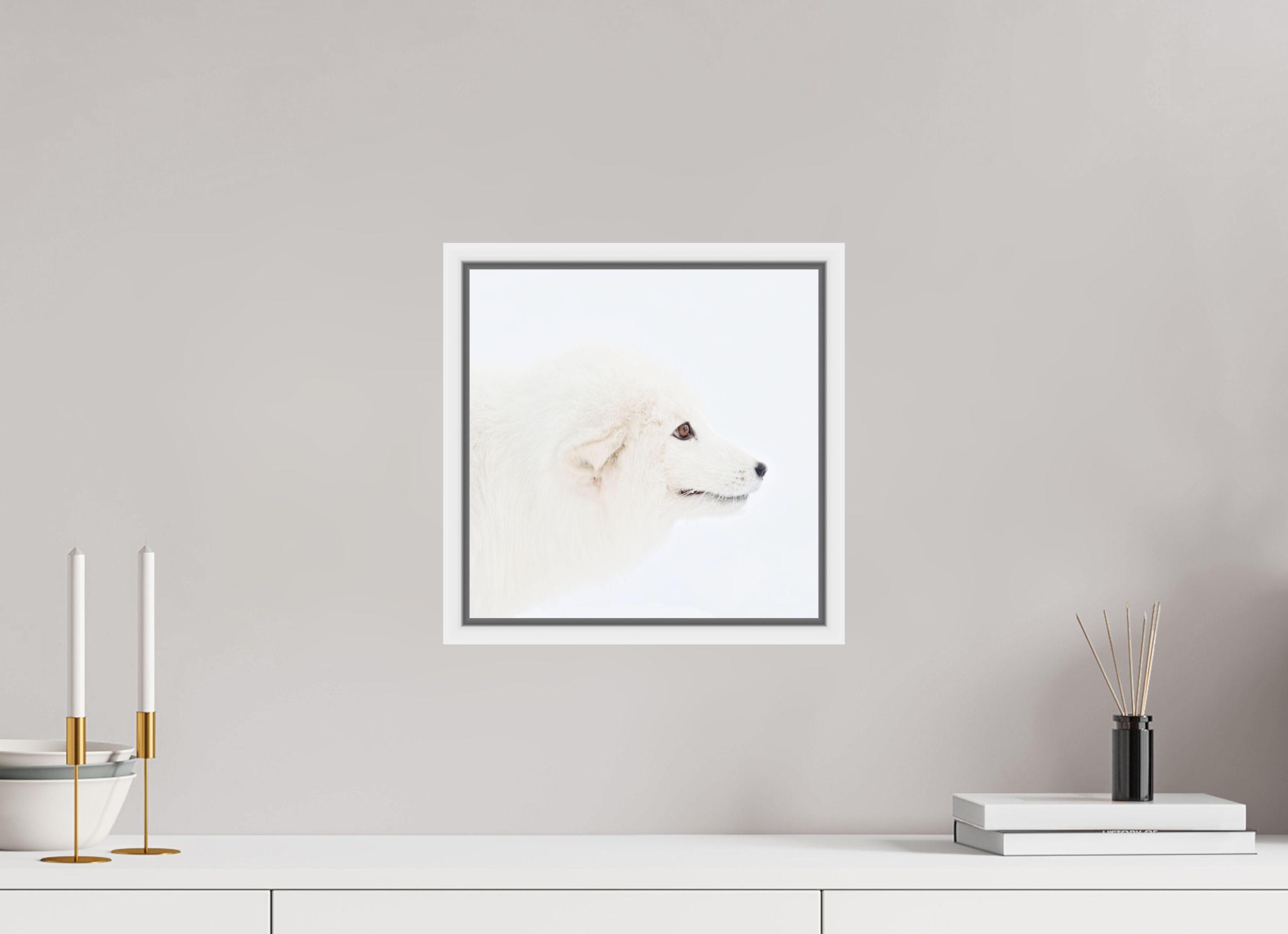 30 x 30 cm, Floater Frame White Glossy Acrylic Glass Arctic Fox Head - Floater Frame