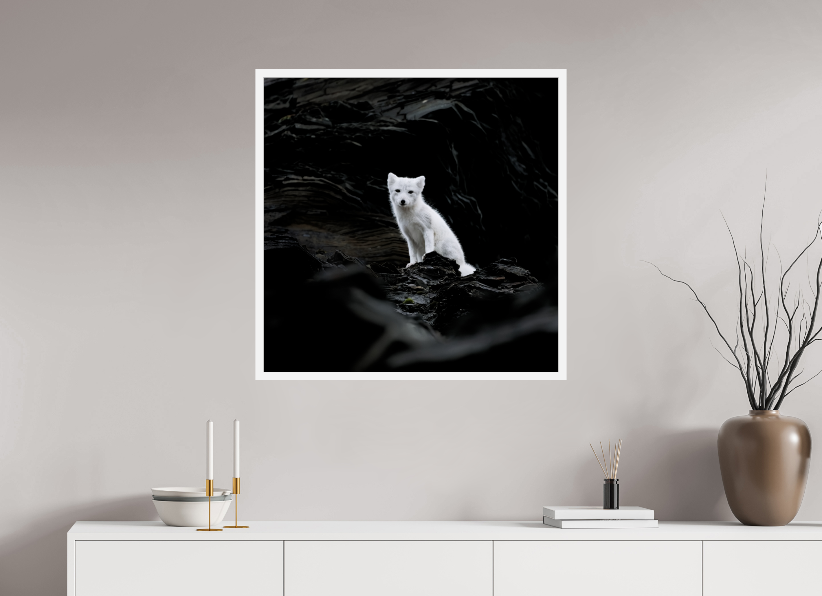 80 x 80 cm, Gallery Frame Hamburg 20mm White Glossy Acrylic Arctic Fox Angel - In Solid 20 mm Wood Frame Hamburg Glossy
