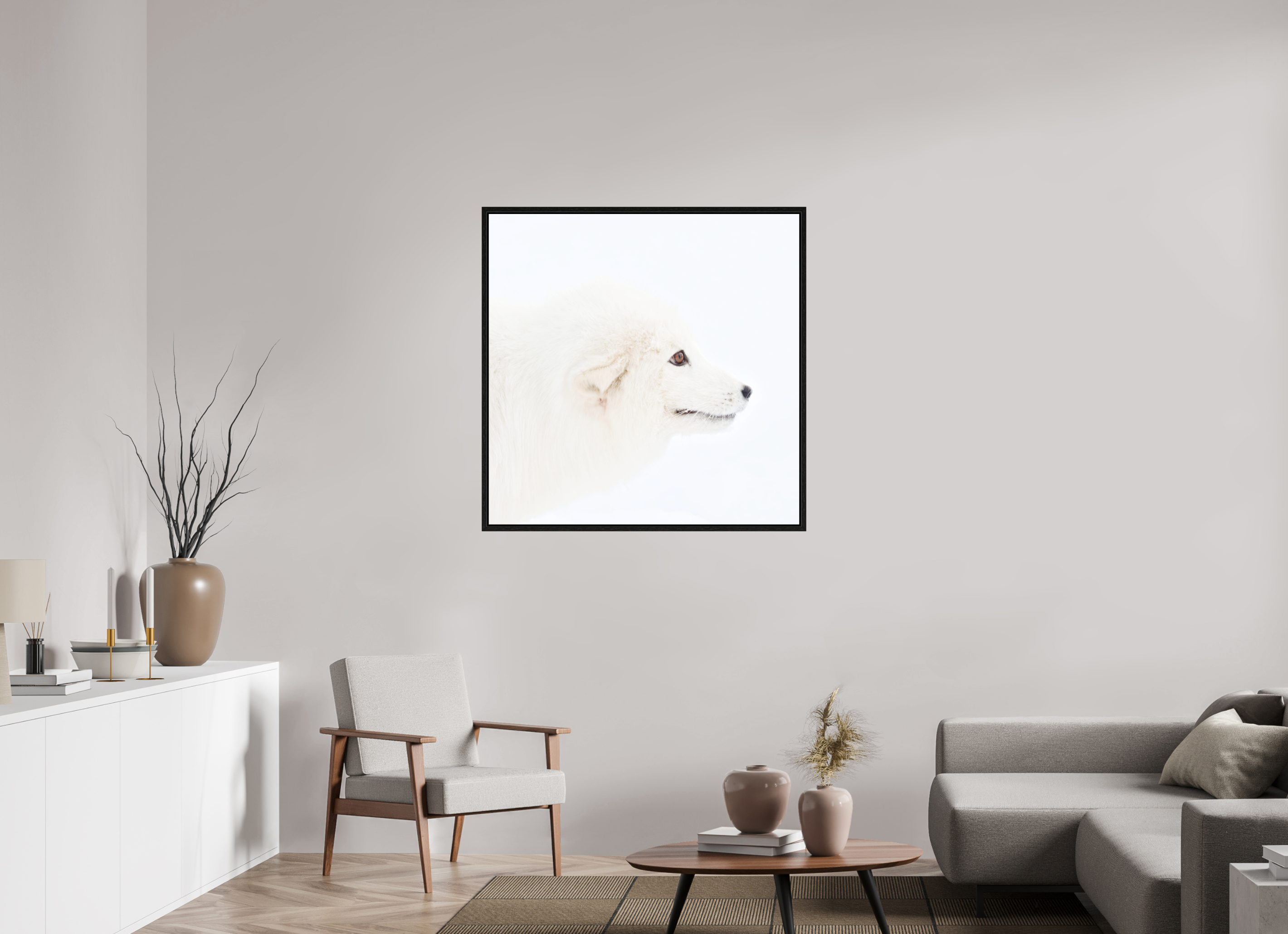 100 x 100 cm, Floater Frame Black Oak Matte Acrylic Glass Arctic Fox Head - Floater Frame