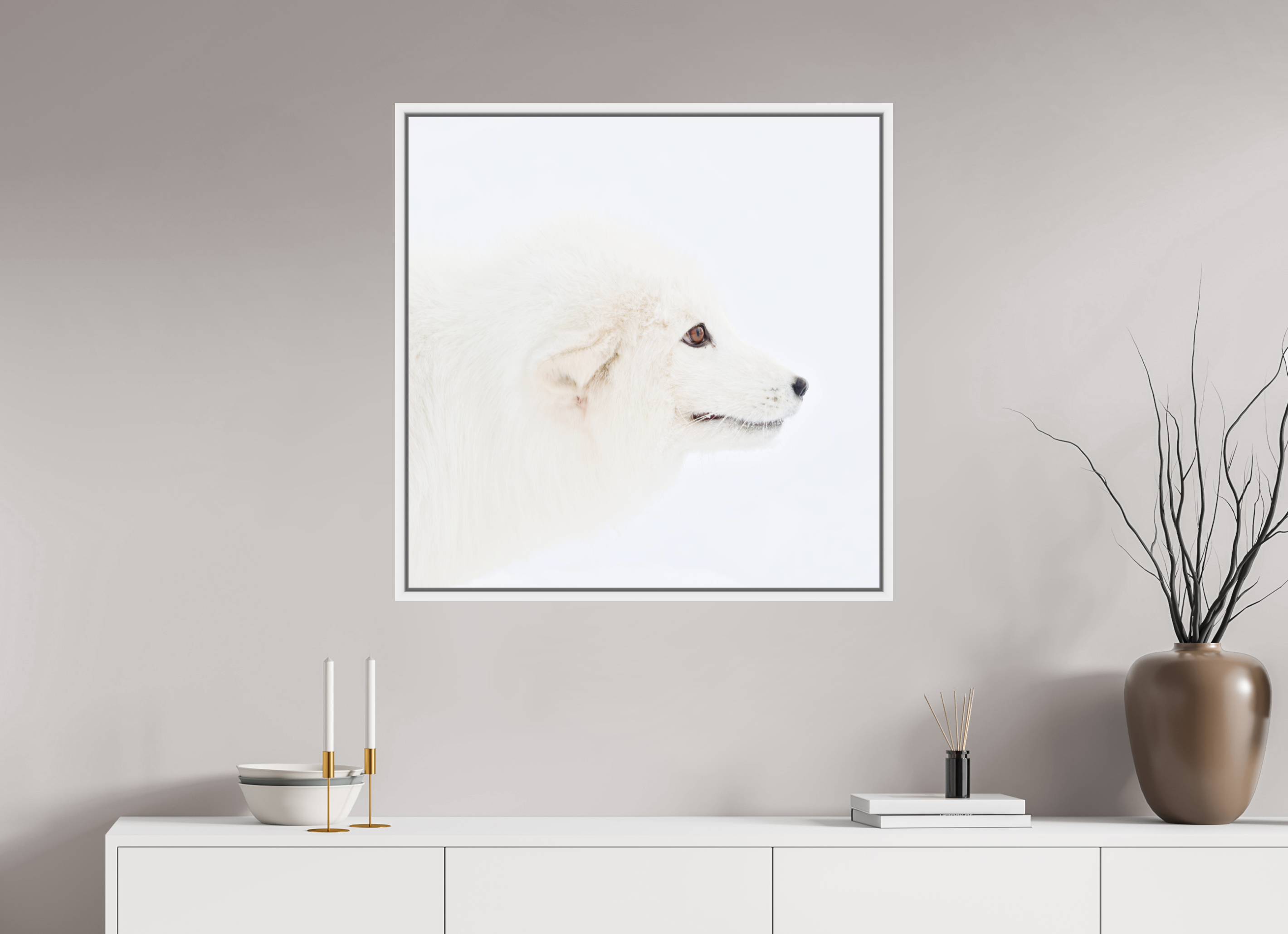 80 x 80 cm, Floater Frame White Glossy Acrylic Glass Arctic Fox Head - Floater Frame