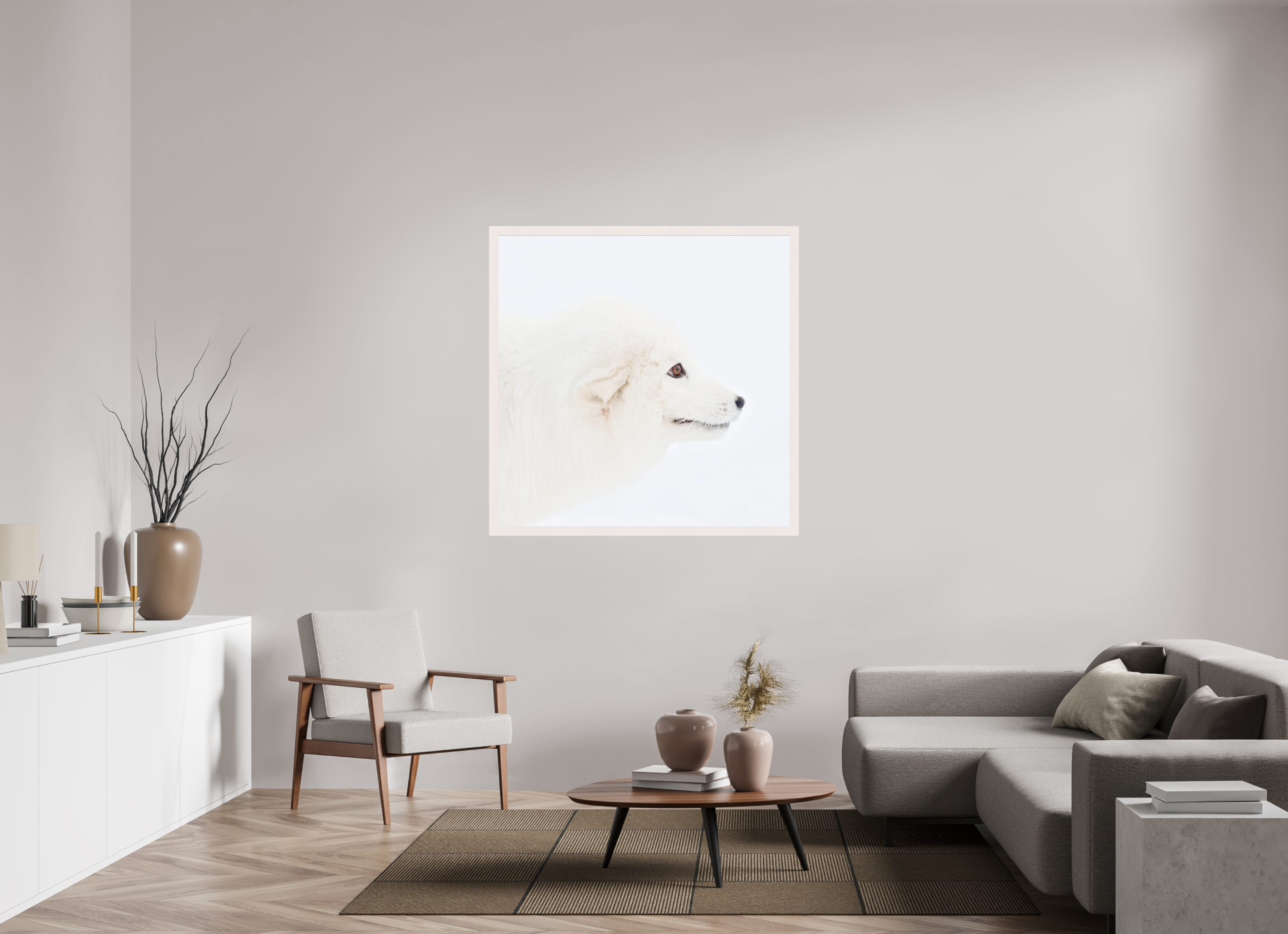 120 x 120 cm, Gallery Frame Hamburg 40mm White Glossy Acrylic Glass Arctic Fox Head - In Solid Wood Frame Hamburg 40 mm