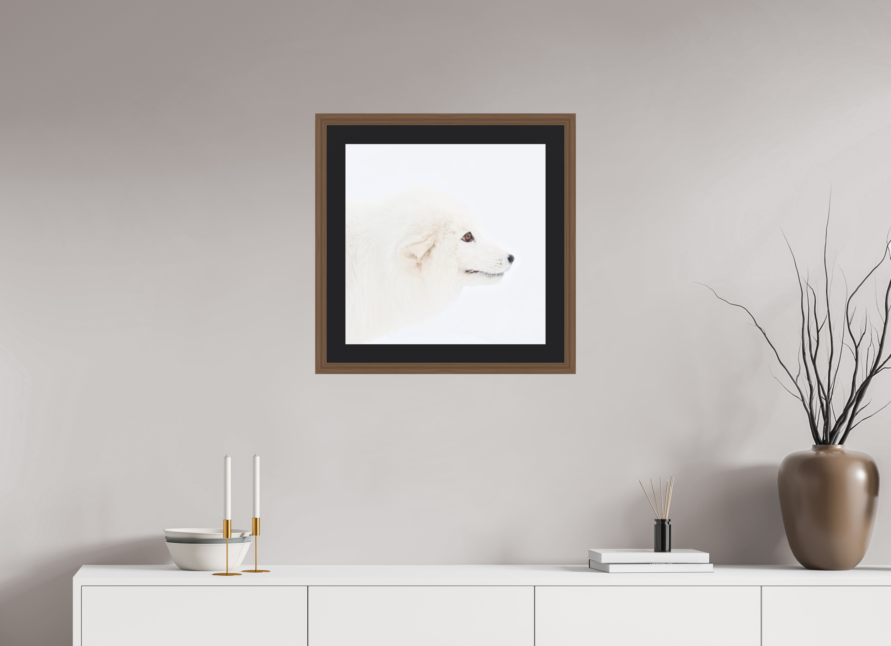 50 x 50 cm, Solid Wood Frame Vienna Passe-partout Walnut Arctic Fox Head - Solid Frame With Passe-Partout