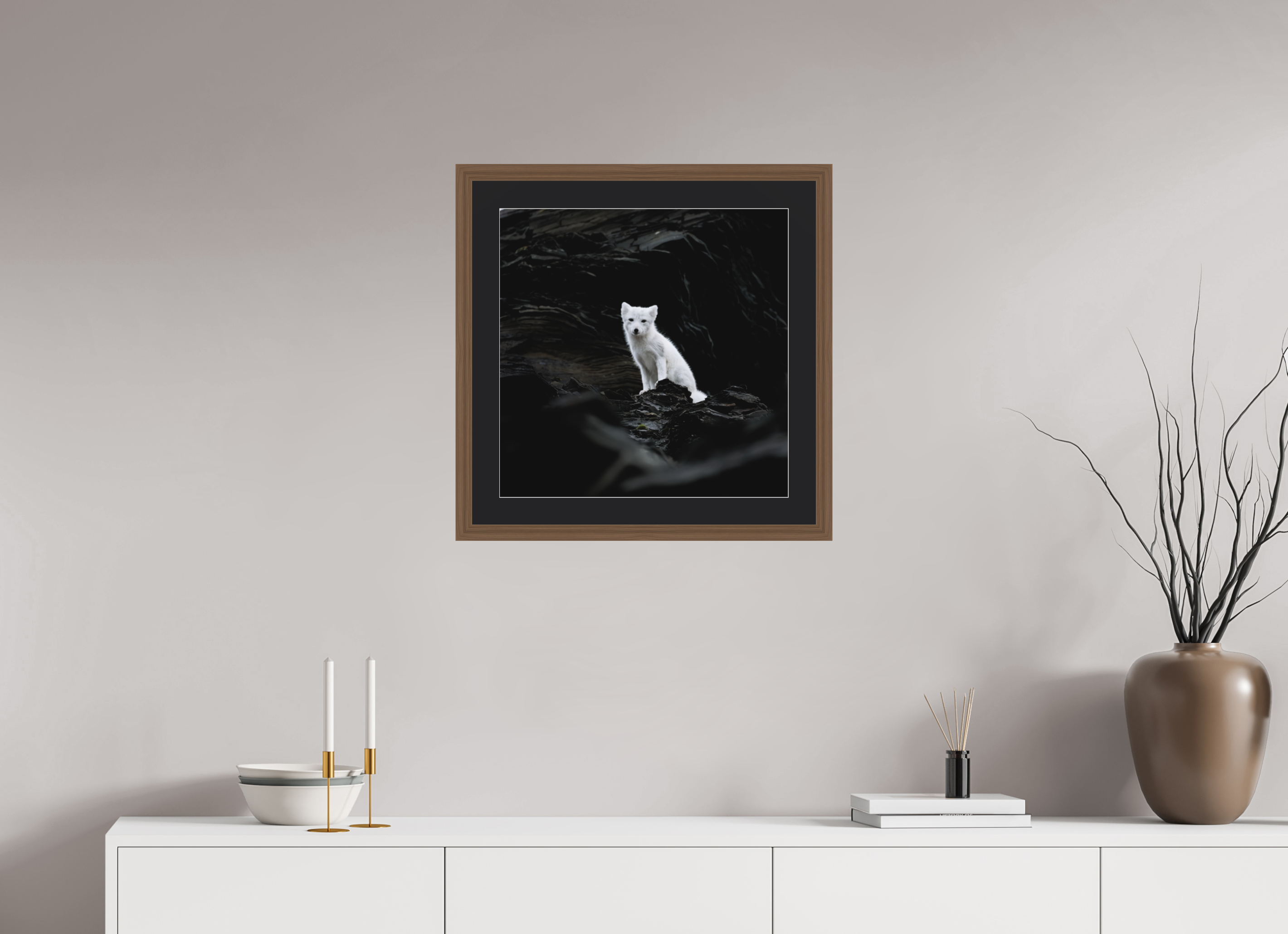 50 x 50 cm, Solid Wood Frame Vienna Passe-partout Walnut Arctiv Fox Angel -Solid Frame With Passe-Partout