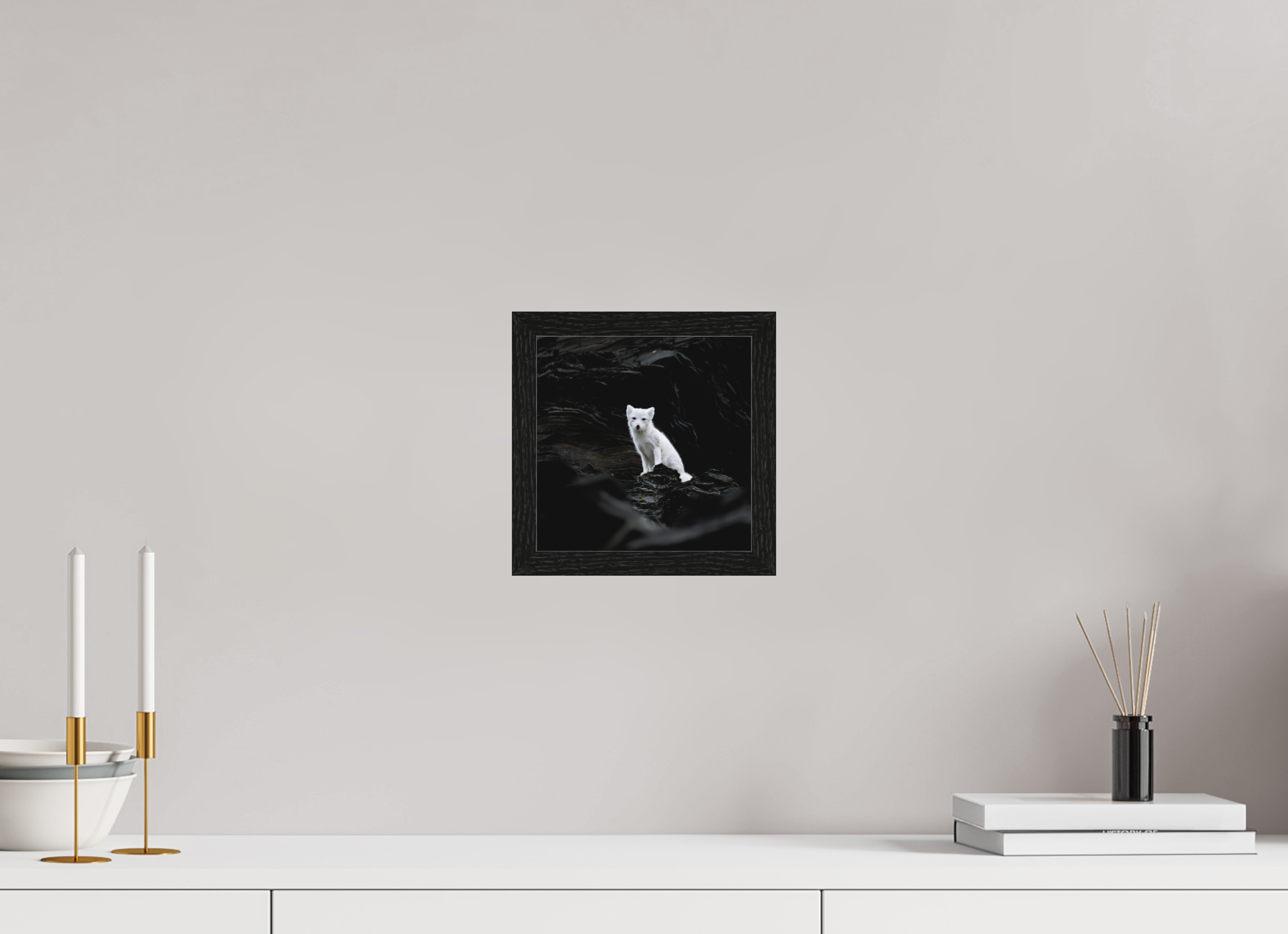 20 x 20 cm, Gallery Frame Hamburg 20mm Black Oak Matte Acrylic Arctic Fox Angel - In Solid 20 mm Wood Frame Hamburg Matte