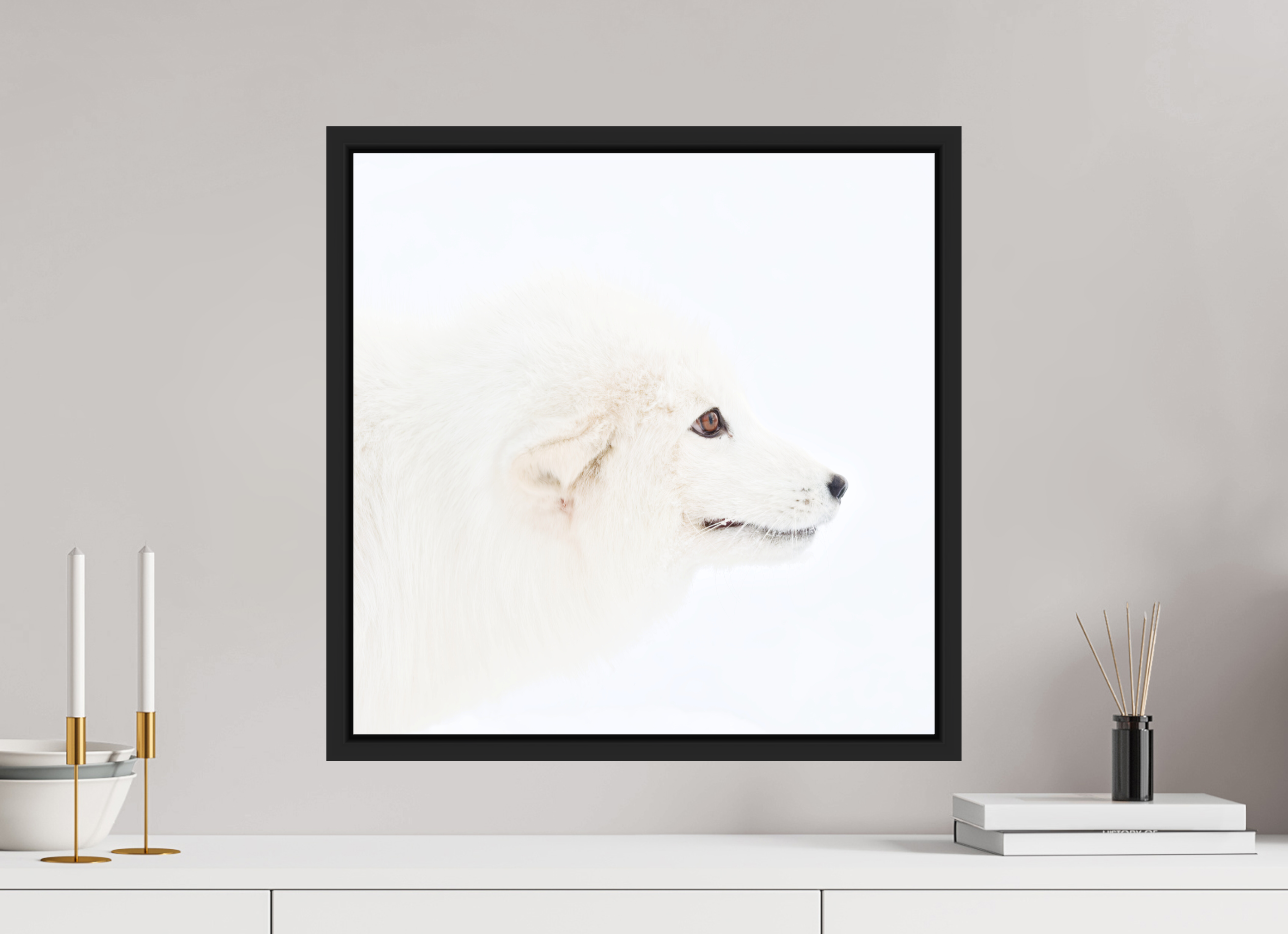 50 x 50 cm, Floater Frame Matte Black Matte Acrylic Glass Arctic Fox Head - Floater Frame