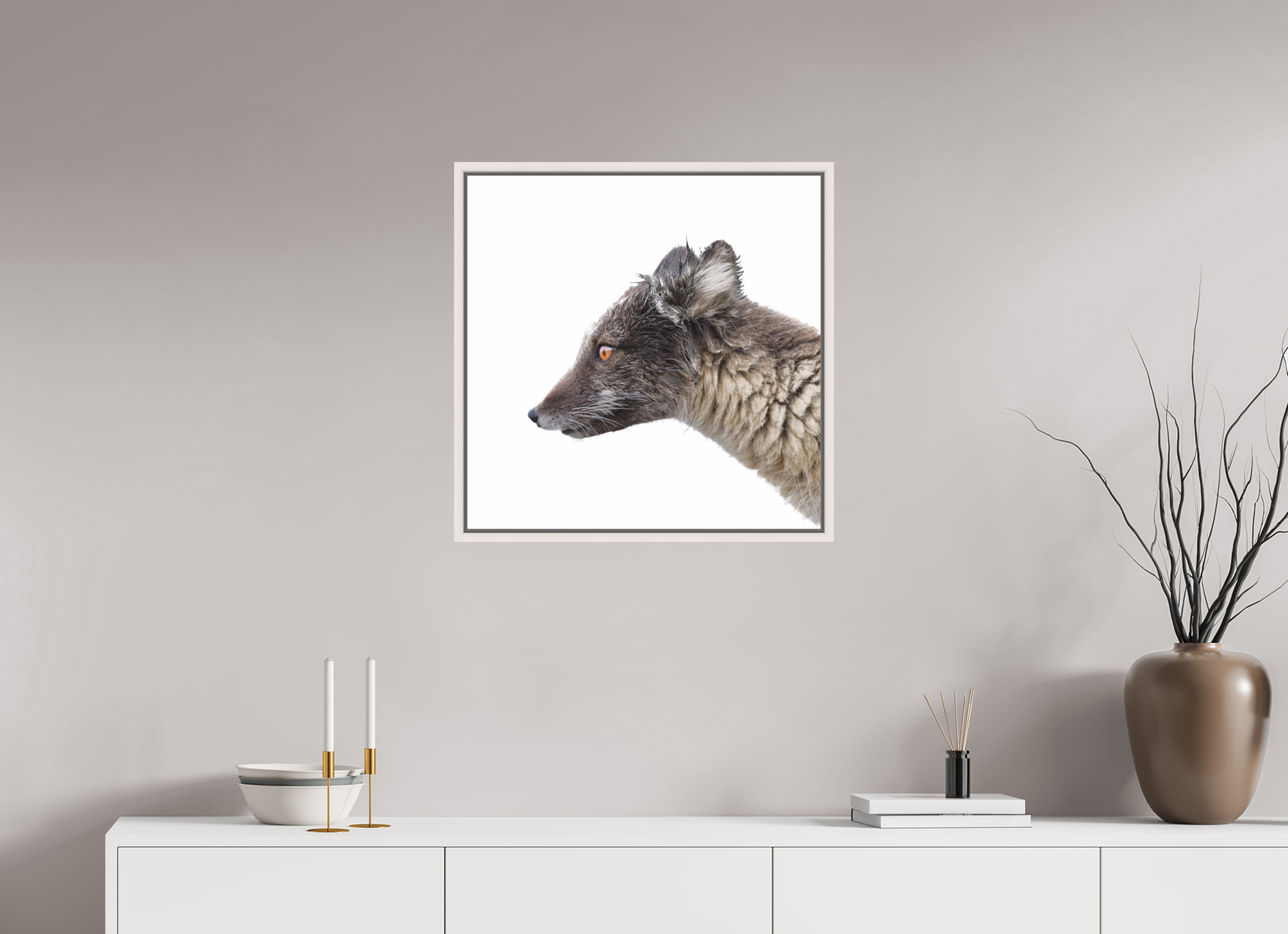 60 x 60 cm, Floater Frame Maple White Glossy Acrylic Glass Arctic Fox Brown - Floater Frame Glossy