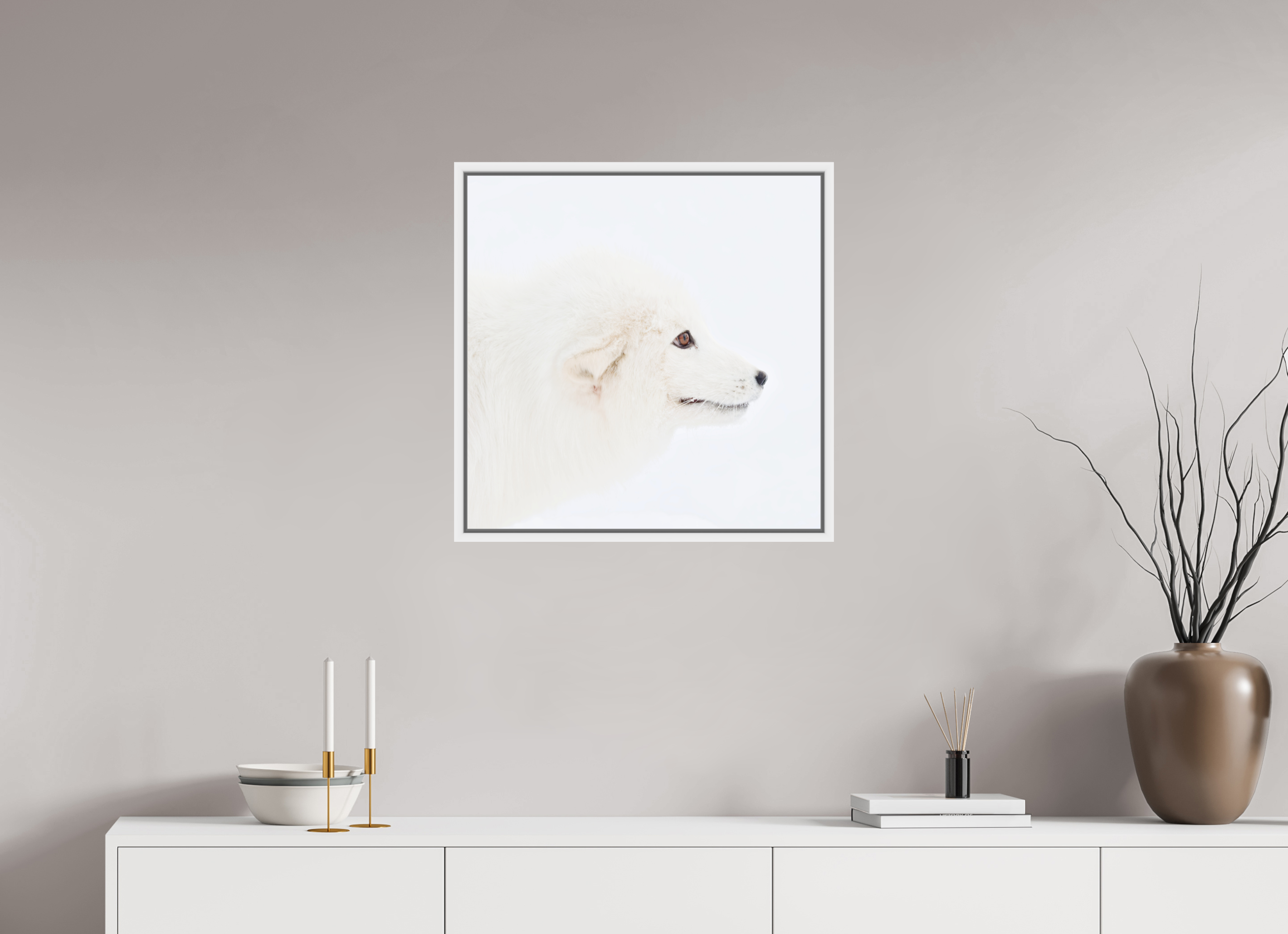 60 x 60 cm, Floater Frame White Glossy Acrylic Glass Arctic Fox Head - Floater Frame