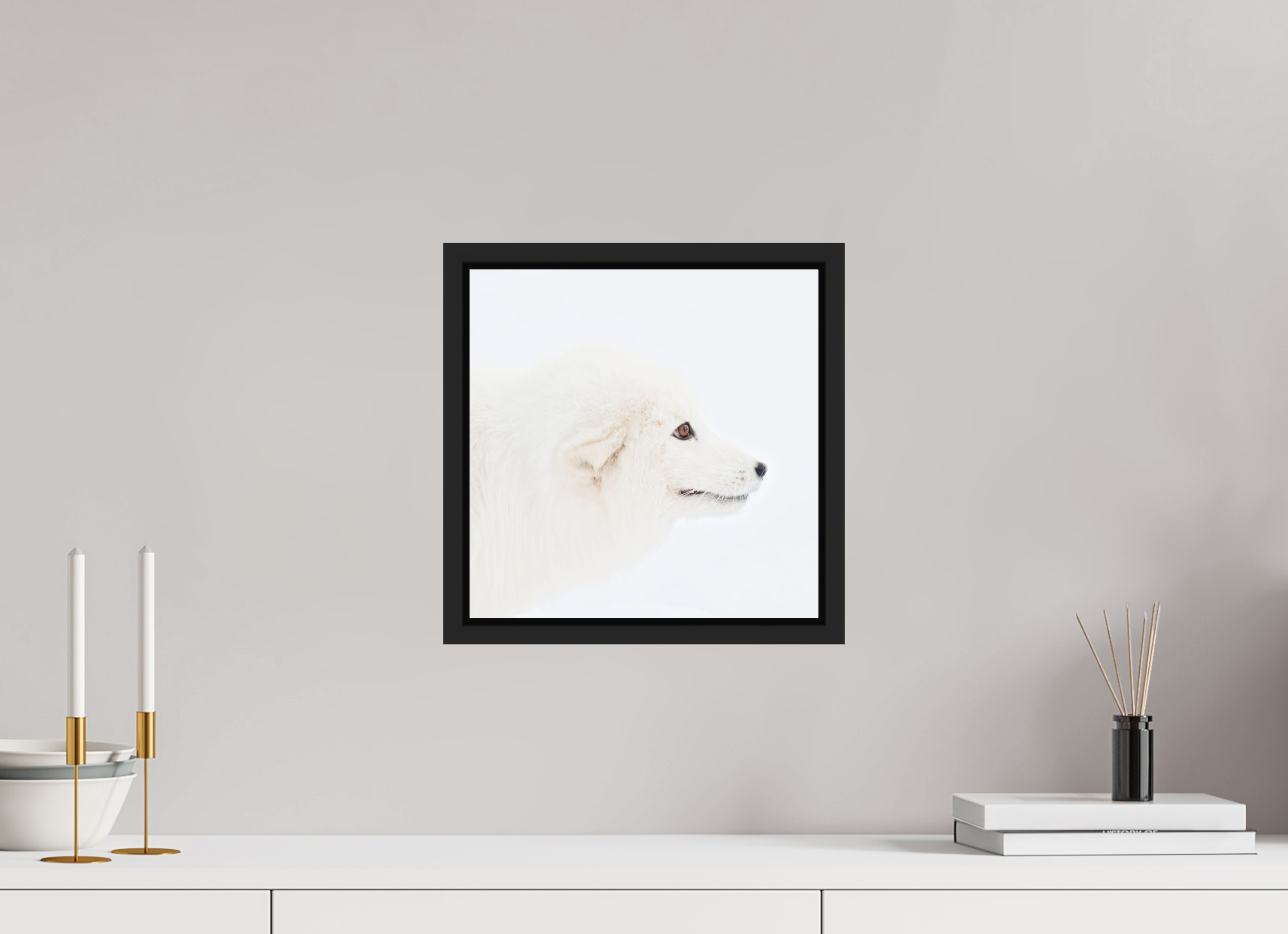 30 x 30 cm, Floater Frame Matte Black Glossy Acrylic Glass Arctic Fox Head - Floater Frame