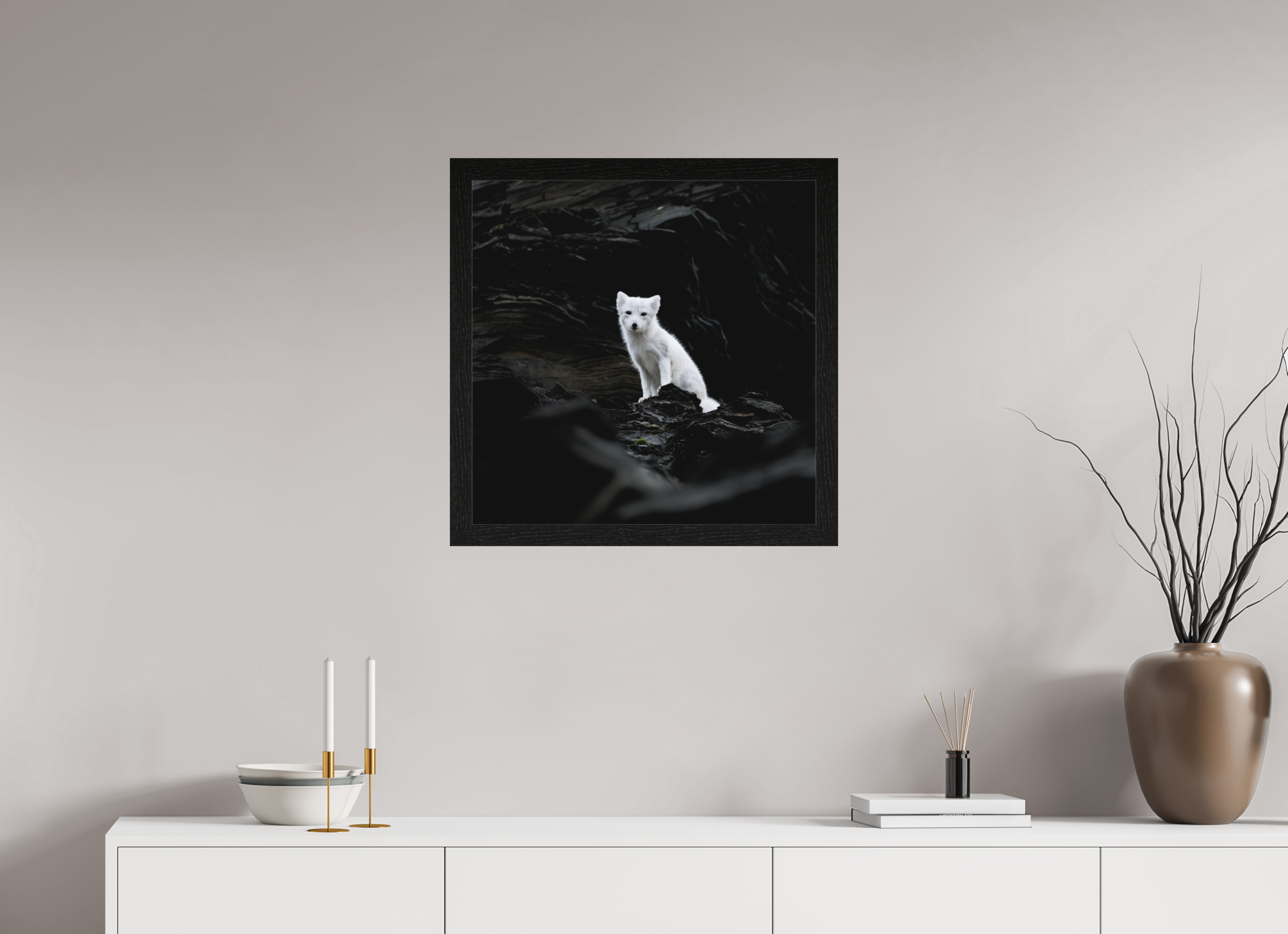 60 x 60 cm, Gallery Frame Hamburg 40mm Black Oak Matte Acrylic Arctic Fox Angel- In Solid 40 mm Wood Frame Hamburg Matte