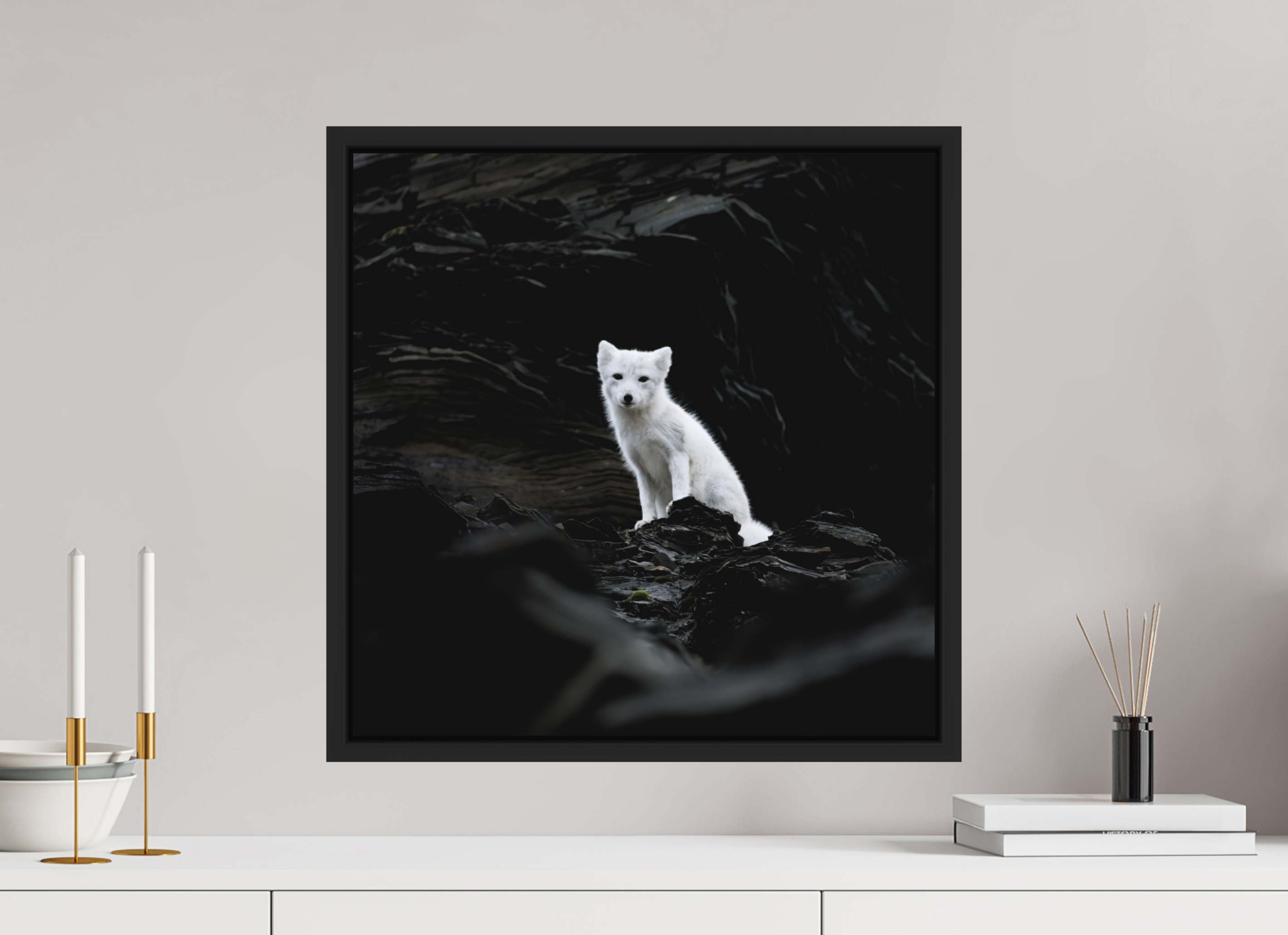 50 x 50 cm, Floater Frame Matte Black Matte Acrylic Glass Arctic Fox Angel - Floater Frame Matte