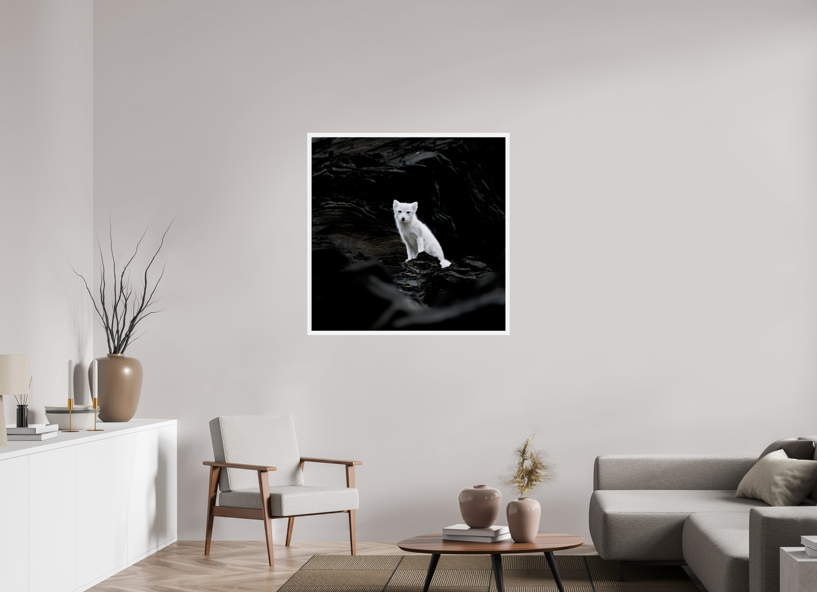 100 x 100 cm, Gallery Frame Hamburg 20mm White Glossy Acrylic Arctic Fox Angel - In Solid 20 mm Wood Frame Hamburg Glossy
