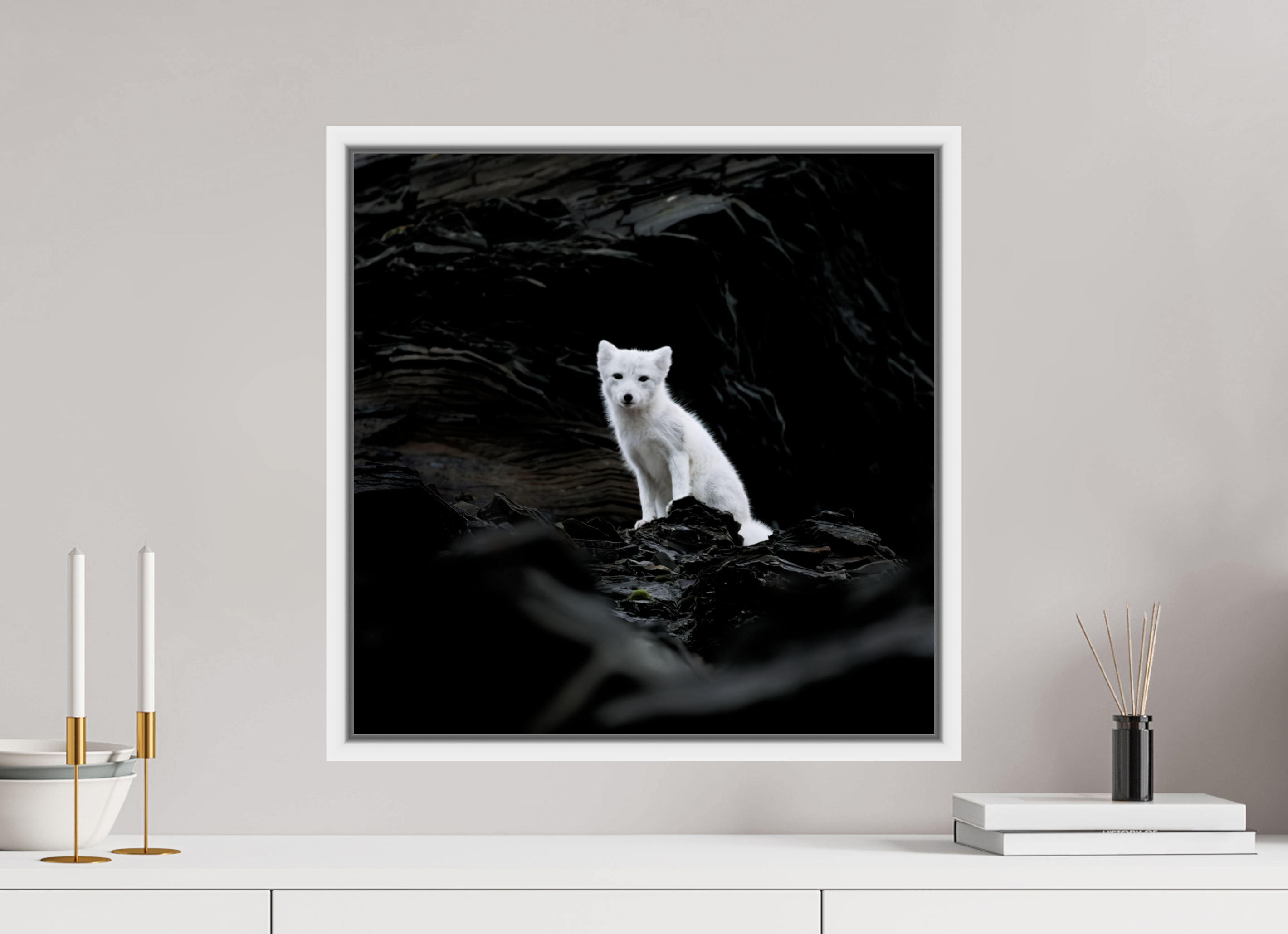 50 x 50 cm, Floater Frame White Glossy Acrylic Glass Arctic Fox Angel - Floater Frame Glossy