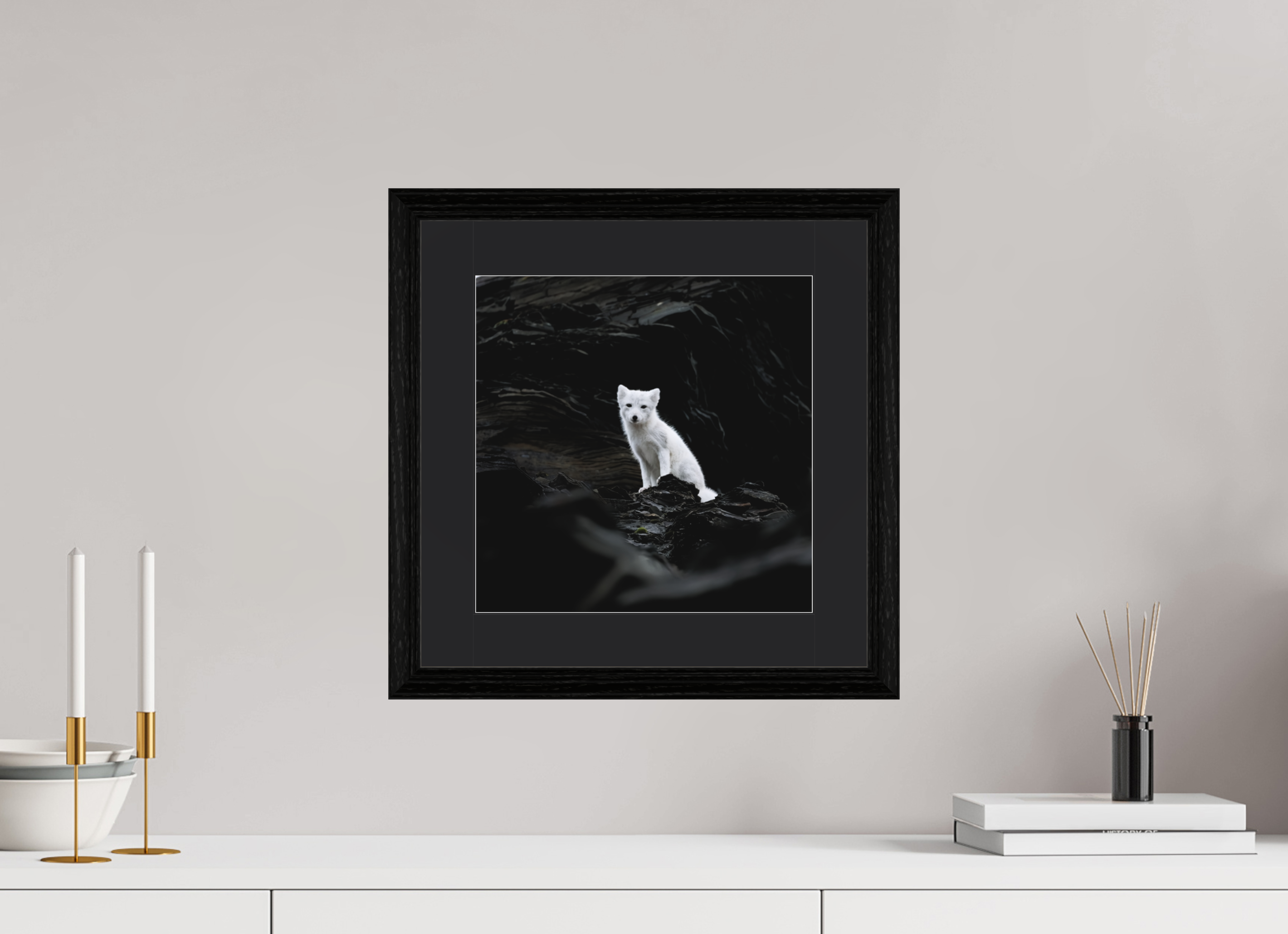 30 x 30 cm, Solid Wood Frame Vienna Passe-partout Black Oak Arctiv Fox Angel -Solid Frame With Passe-Partout