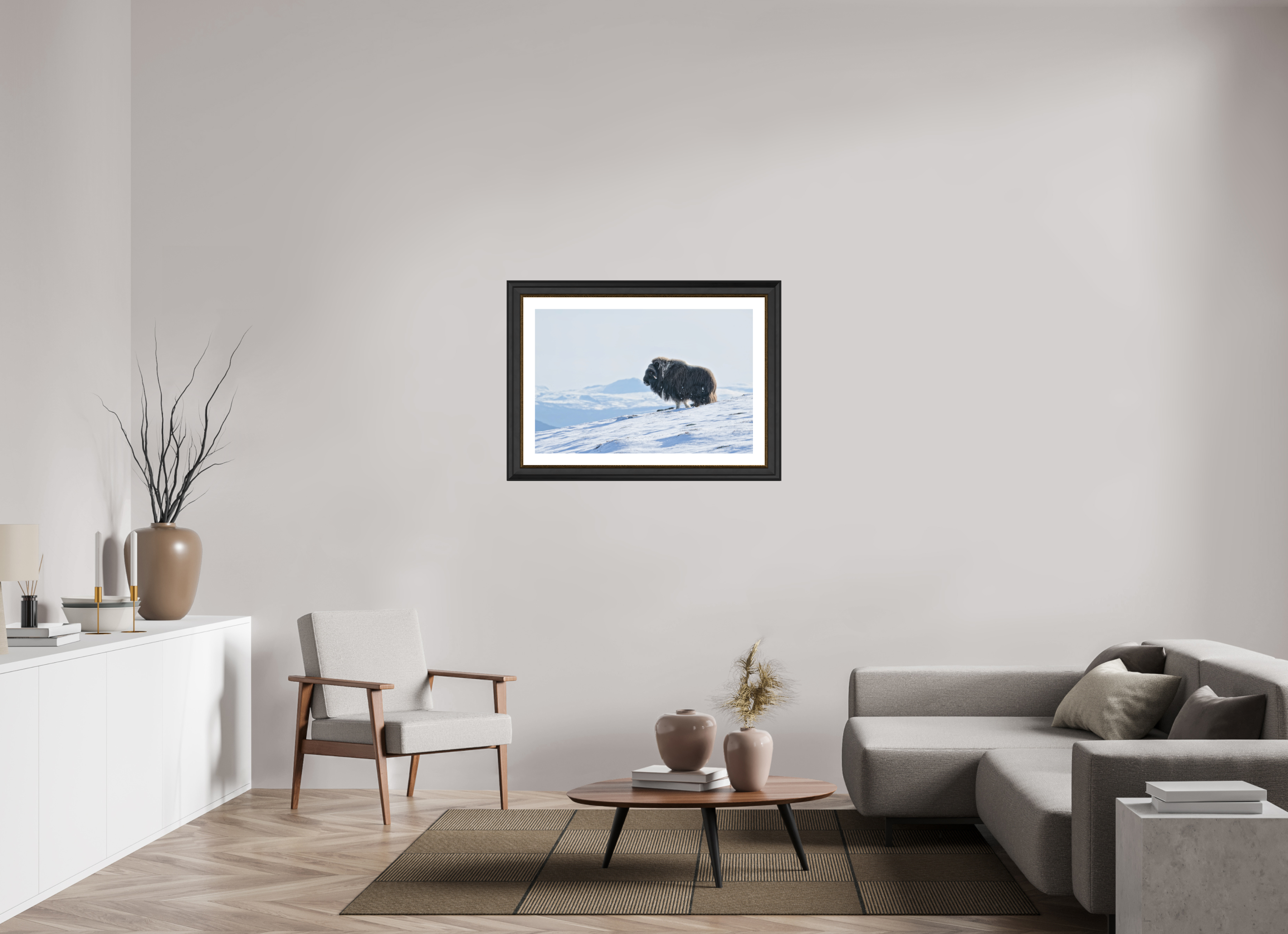 90 x 60 cm, Solid Wood Black-gold Frame London White Passe-partout The Musk Ox Kingdom -  Solid Frame White Passe-Partout