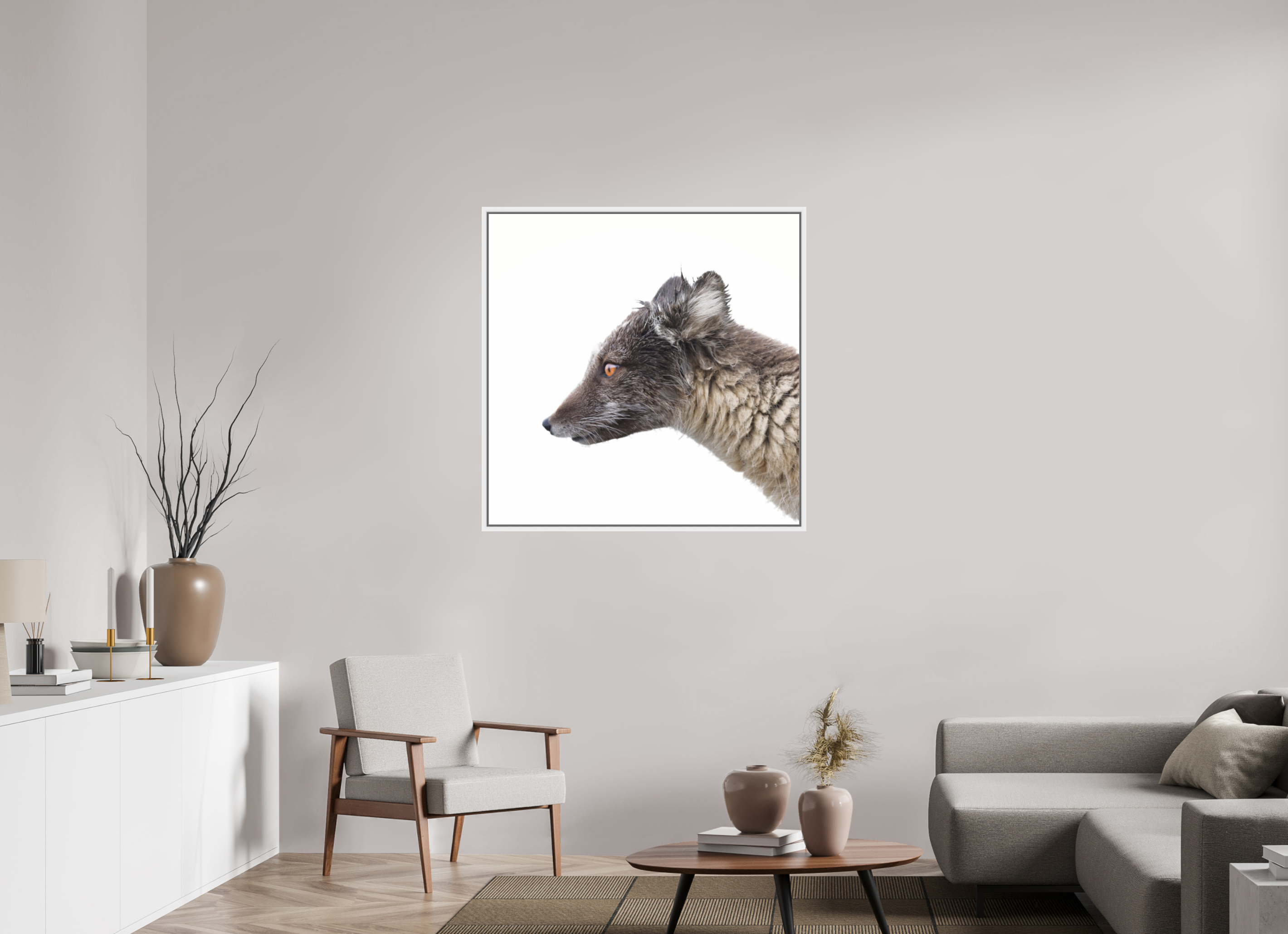 100 x 100 cm, Floater Frame Matte White Glossy Acrylic Glass Arctic Fox Brown - Floater Frame Glossy