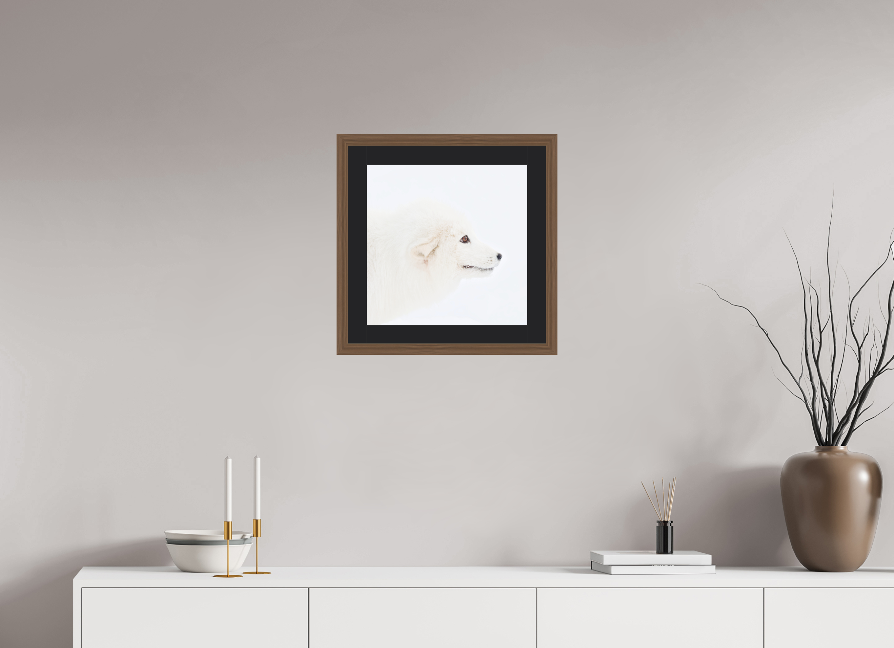 40 x 40 cm, Solid Wood Frame Vienna Passe-partout Walnut Arctic Fox Head - Solid Frame With Passe-Partout