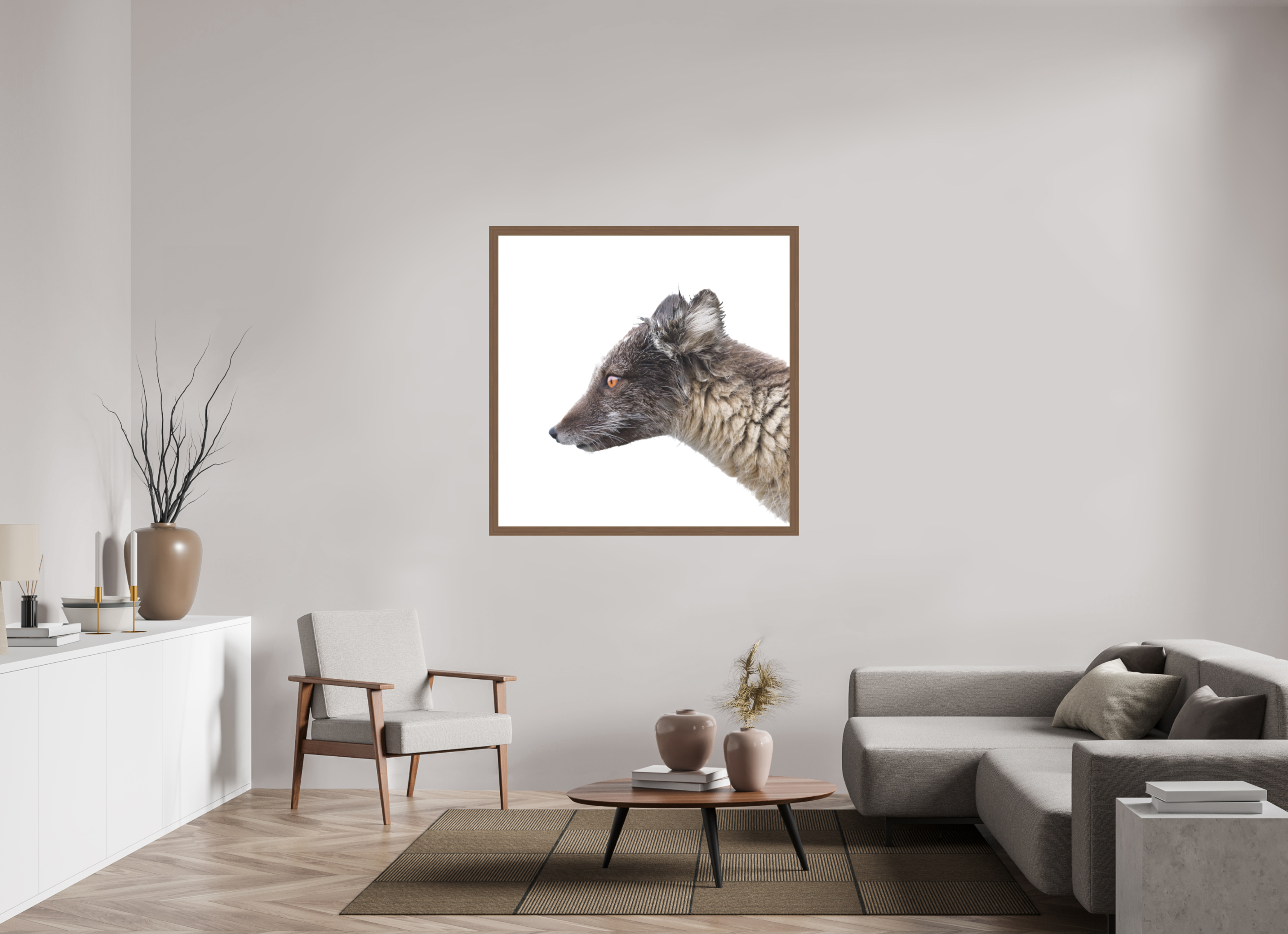 120 x 120 cm, Gallery Frame Hamburg 40mm Walnut Matte Acrylic Arctic Fox Brown - In Solid 40 mm Wood Frame Hamburg Matte
