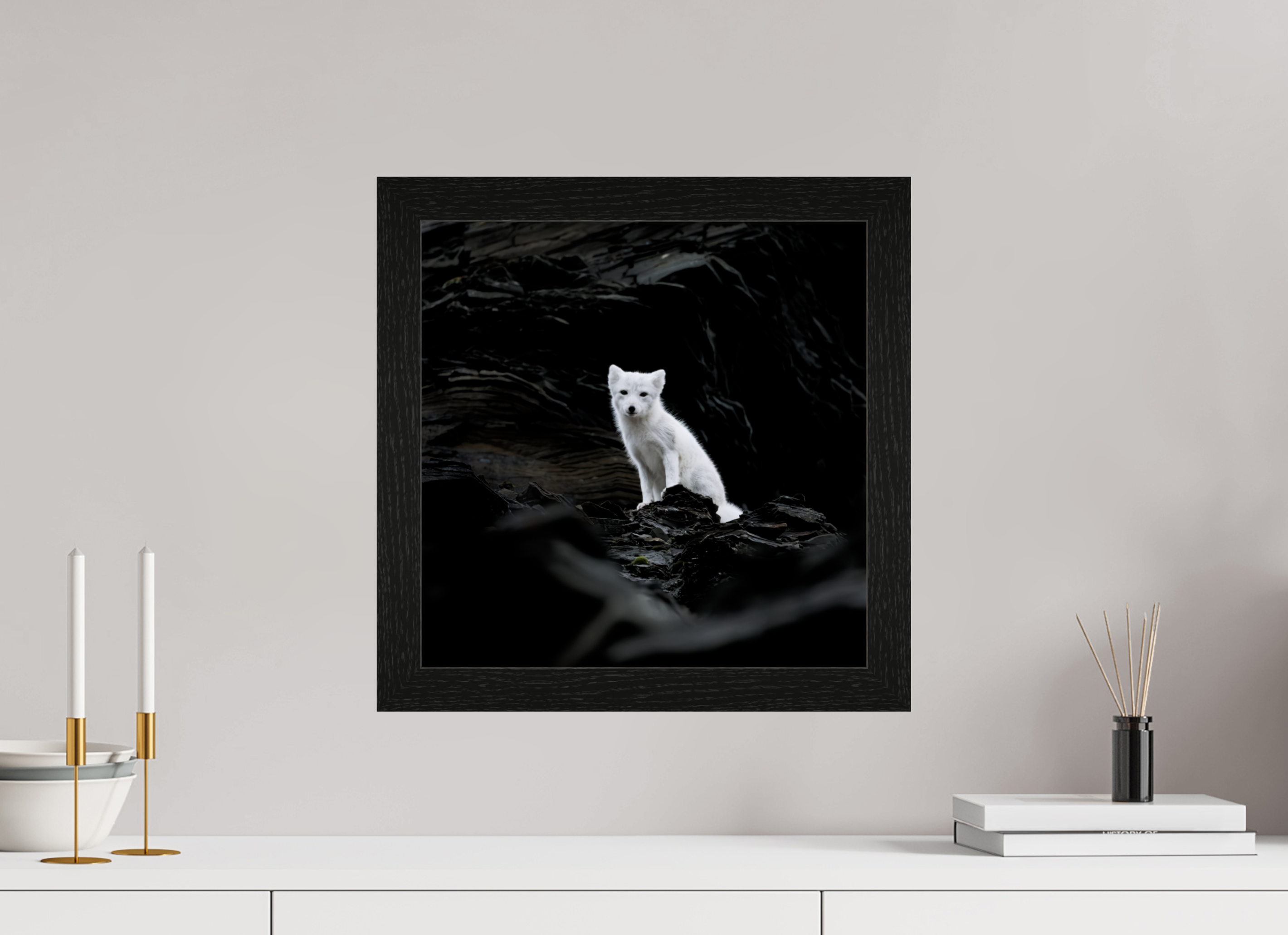 40 x 40 cm, Gallery Frame Hamburg 40mm Black Oak Glossy Acrylic Glass Arctic Fox Angel - In Solid 40 mm Wood Frame Hamburg Glossy