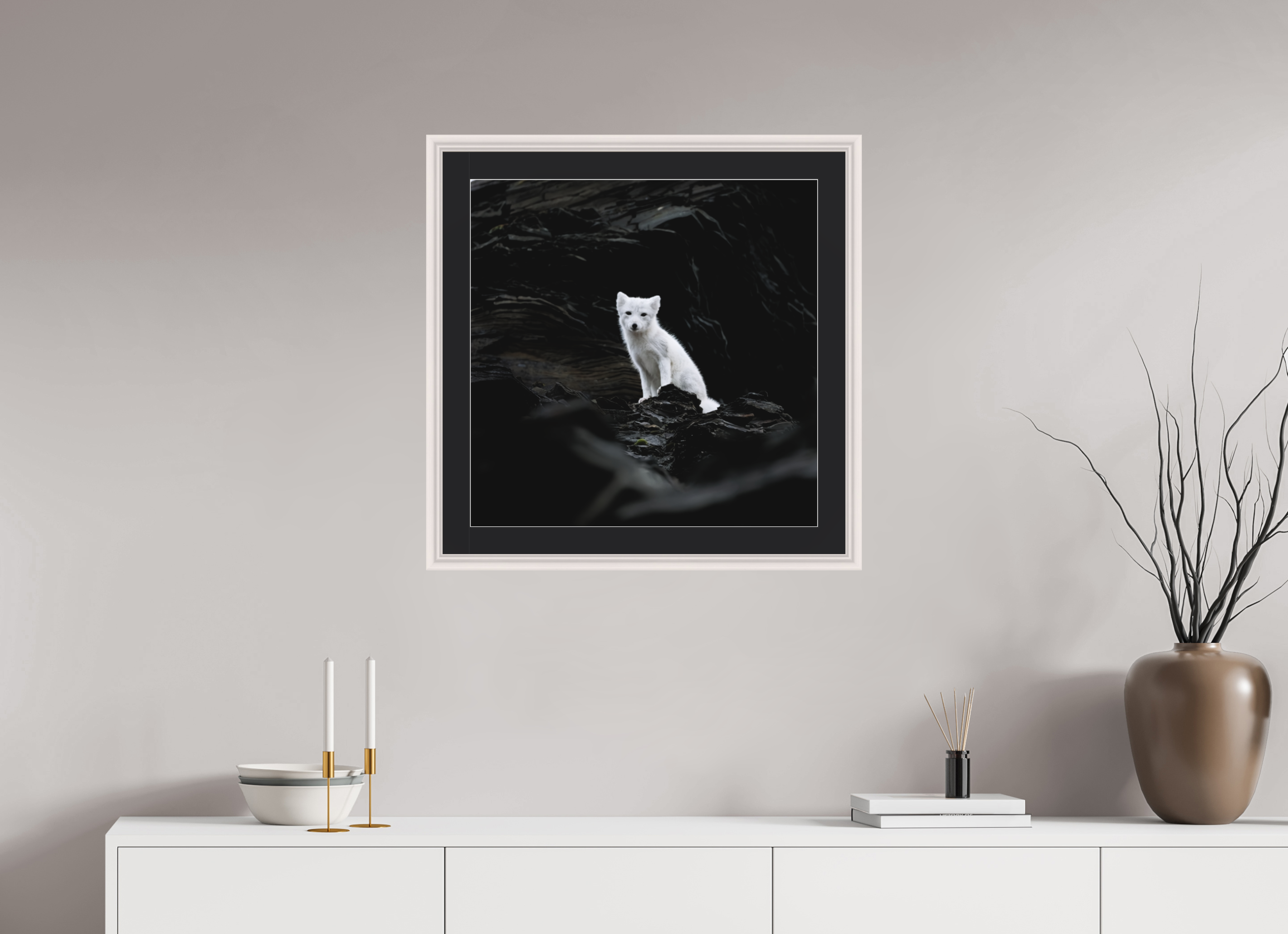 60 x 60 cm, Solid Wood Frame Vienna Passe-partout Maple White Arctiv Fox Angel -Solid Frame With Passe-Partout
